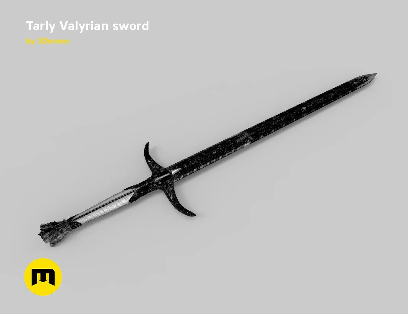 Tarly Valyrian sword Heartbanes STL, black textured 3D render cosplay prop, side view