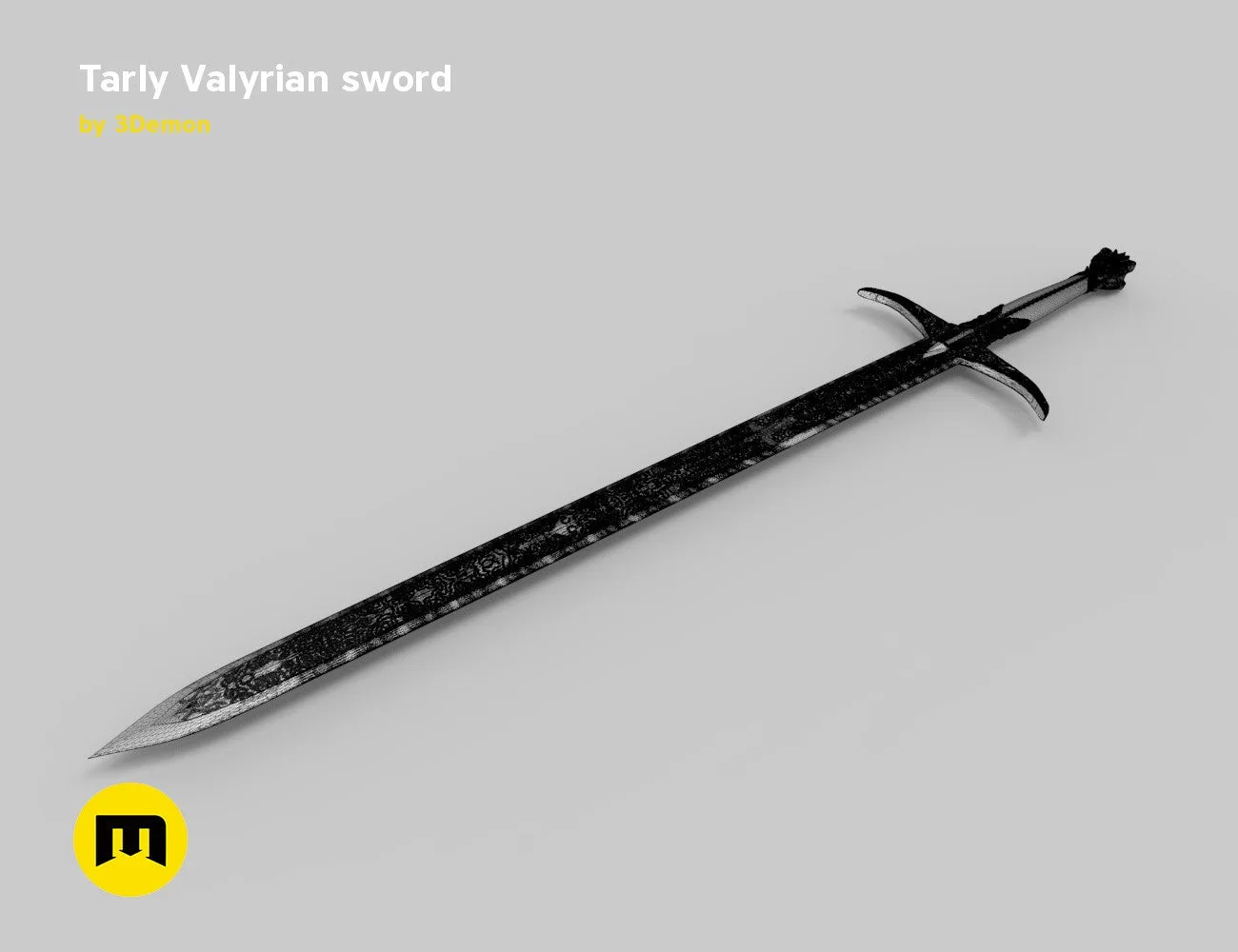 3D print preview of Tarly Valyrian sword Heartbanes, textured black blade with crossguard, 3D print cosplay weapon.