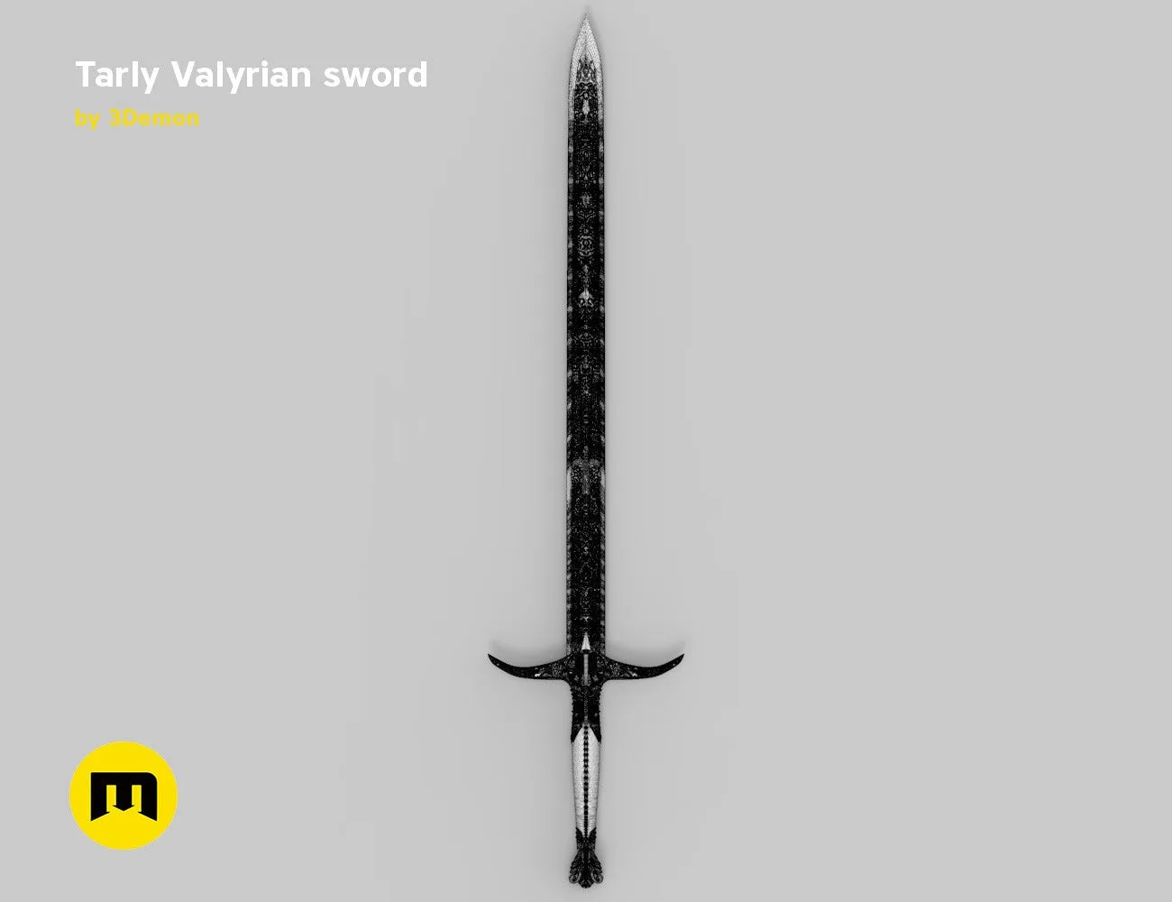 CAD render of Tarly Valyrian sword Heartbanes STL, dark textured 3D print weapon, side view
