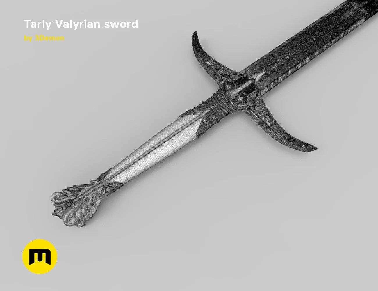 Printable 3D model of Tarly Valyrian sword Heartbanes, detailed crossguard and leaf pommel, 3D print cosplay prop.