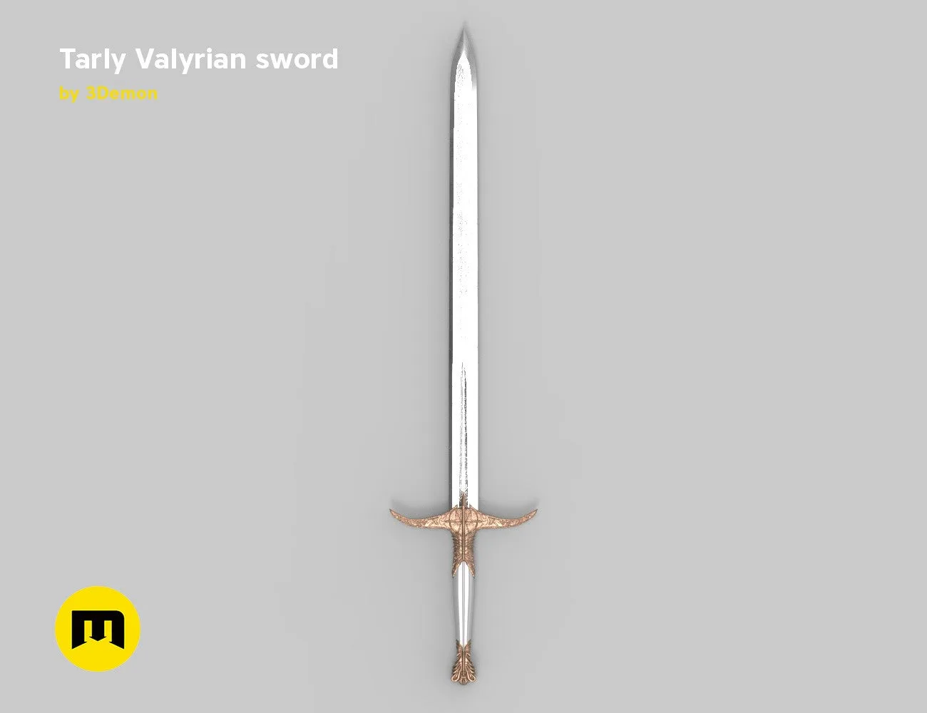 3D model render of Tarly Valyrian sword Heartbanes, silver blade with ornate copper guard, 3D print cosplay weapon.