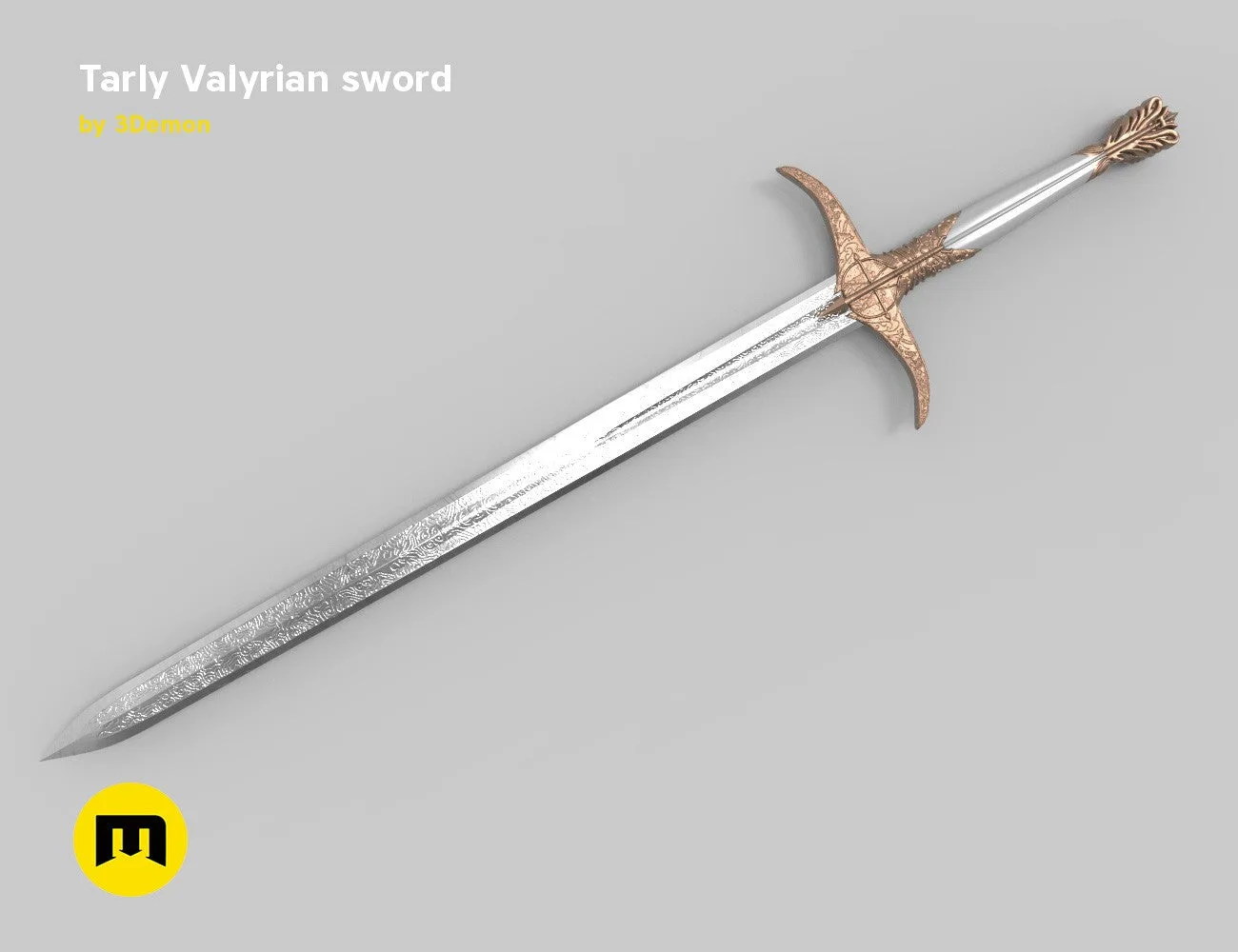 Painted 3D render of Tarly Valyrian sword Heartbanes, ornate copper hilt, 3D print cosplay weapon.