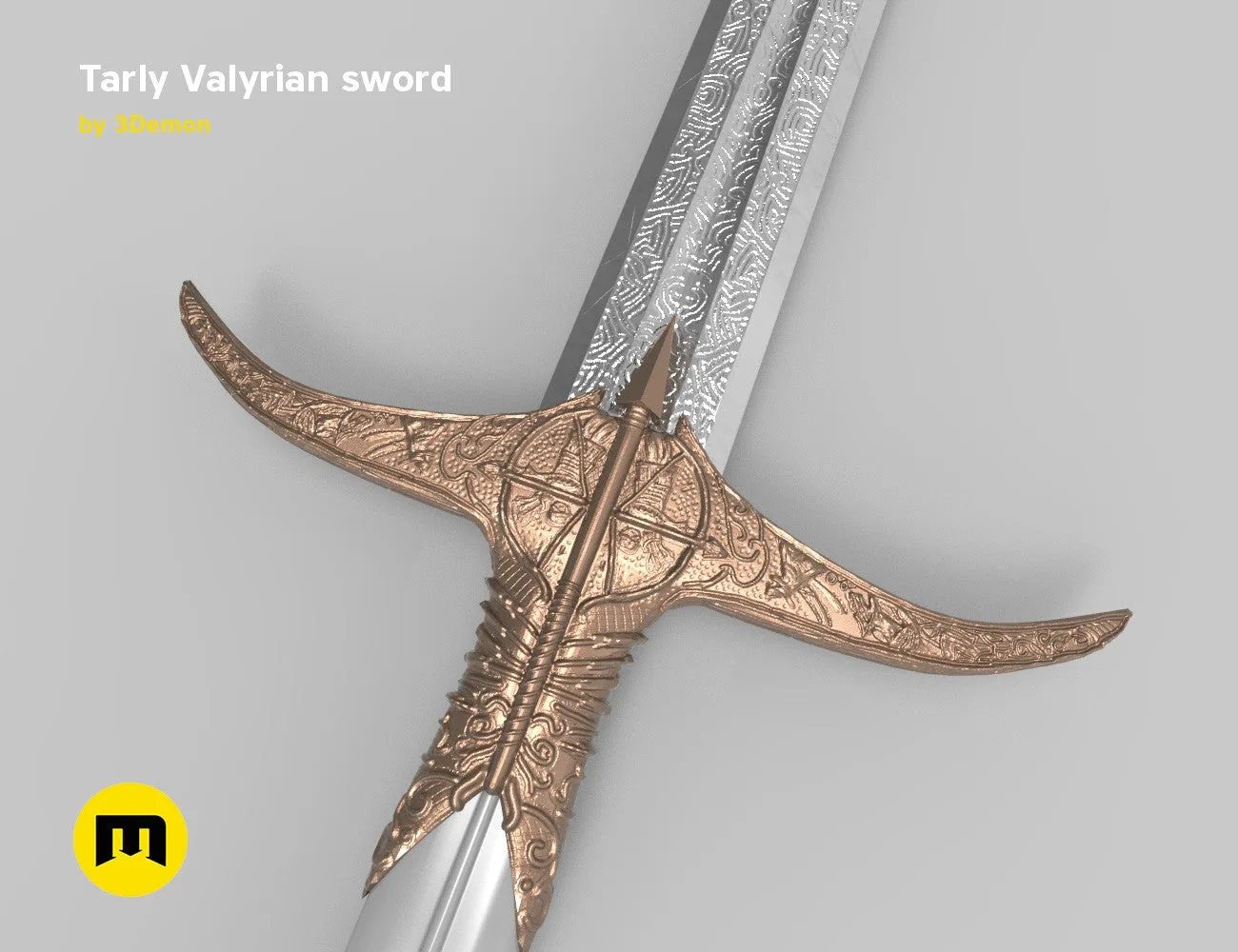CGI render of Tarly Valyrian sword Heartbanes, ornate bronze hilt with intricate engravings, 3D print cosplay prop.