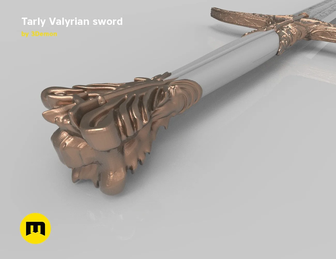 Rendered 3D model of Tarly Valyrian sword Heartbanes, bronze hilt with twisted leaf detail, 3D print cosplay prop.