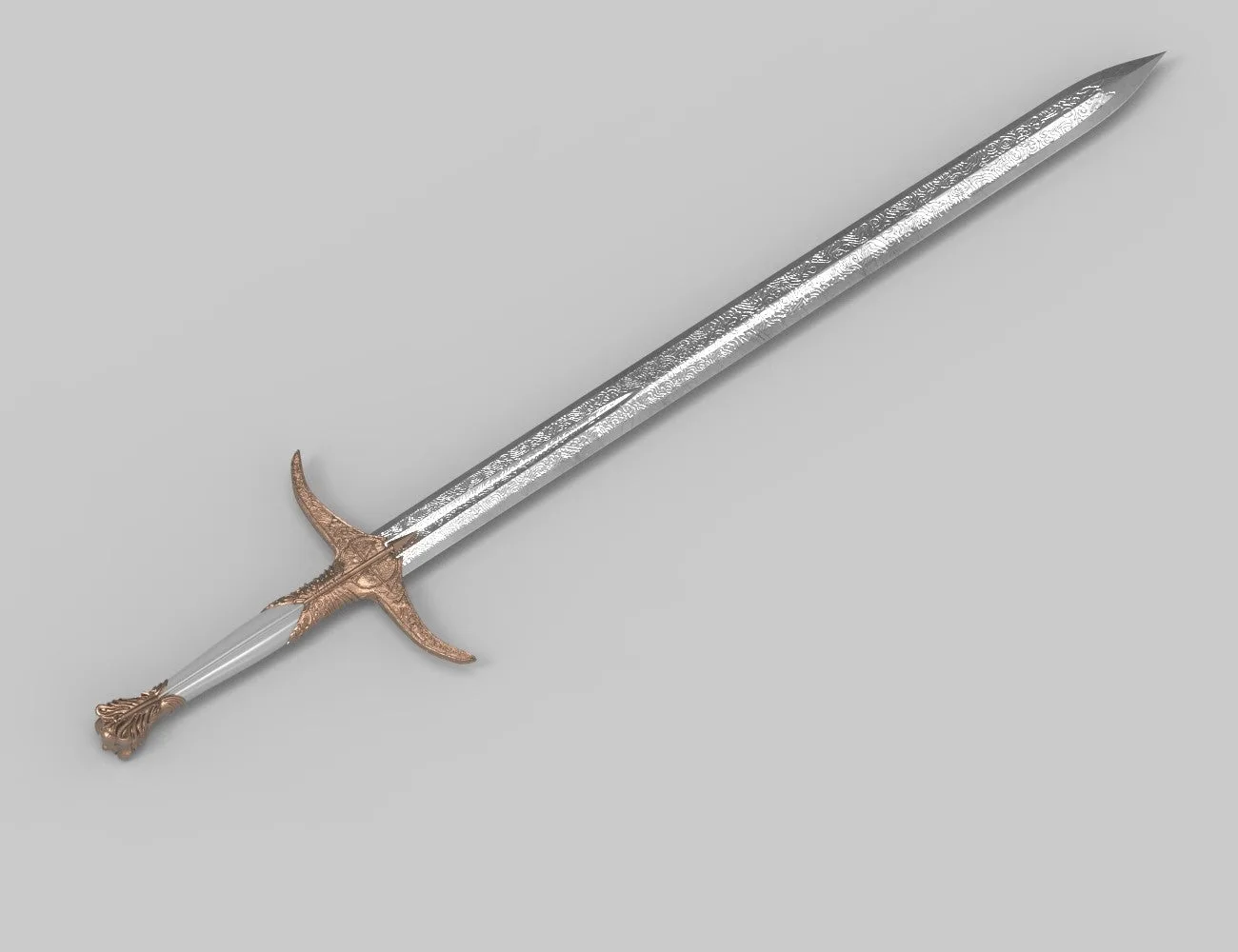 Digital 3D render of Tarly Valyrian sword Heartbanes, ornate copper guard, 3D print cosplay weapon.