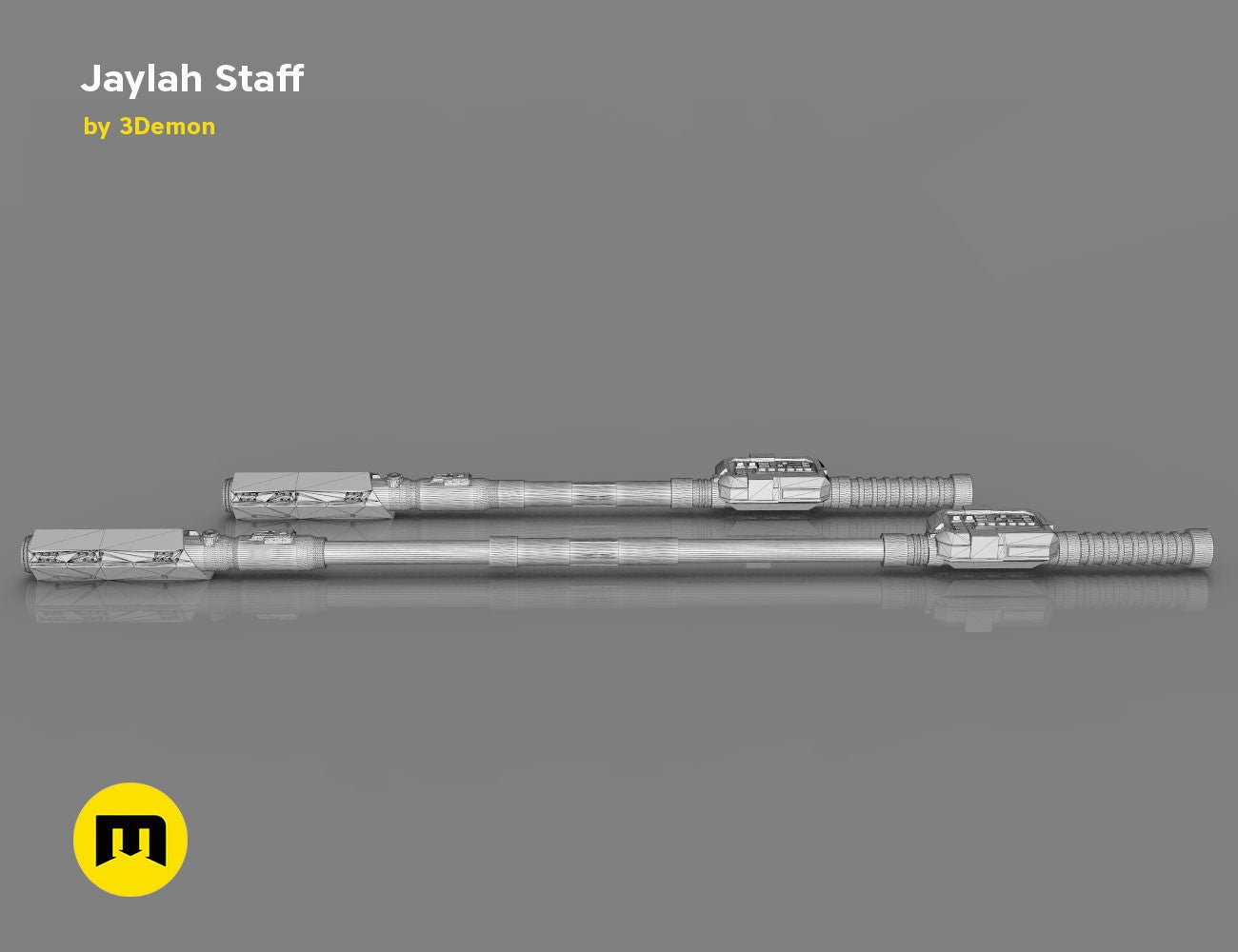Wireframe mesh render of Jaylah Extendable Staff - Star Trek, dual-section cosplay prop STL