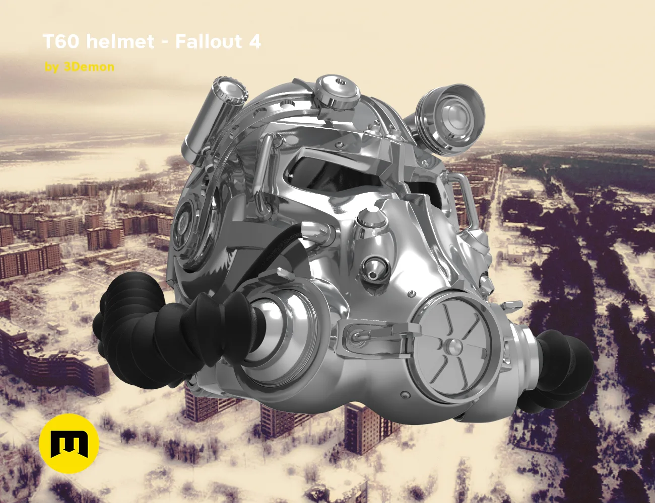 3D print preview of T60 helmet from Fallout 4, detailed metallic cosplay prop render