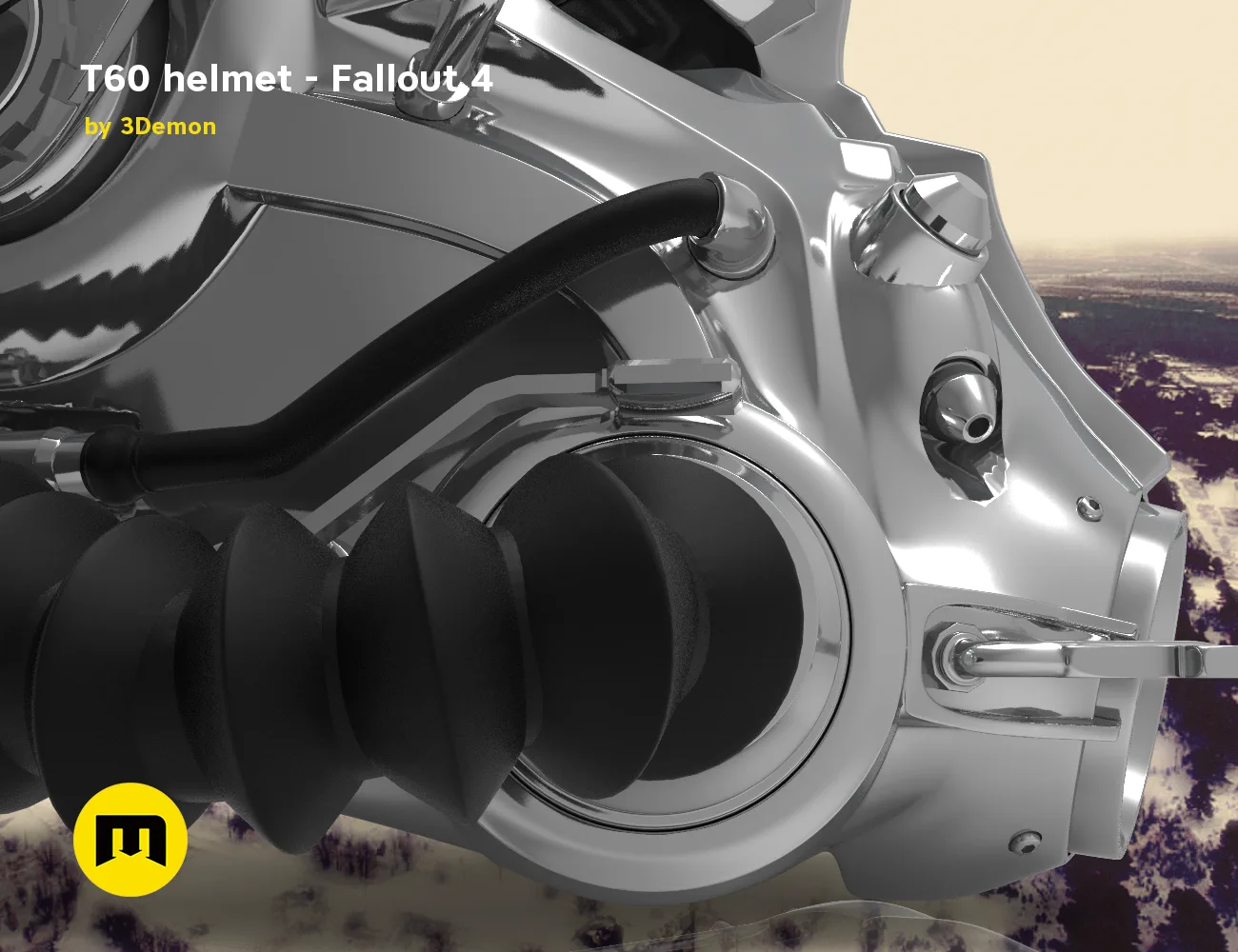 3D model render of T60 helmet from Fallout 4 STL, metallic side view with padded ear cups, 3D print cosplay prop