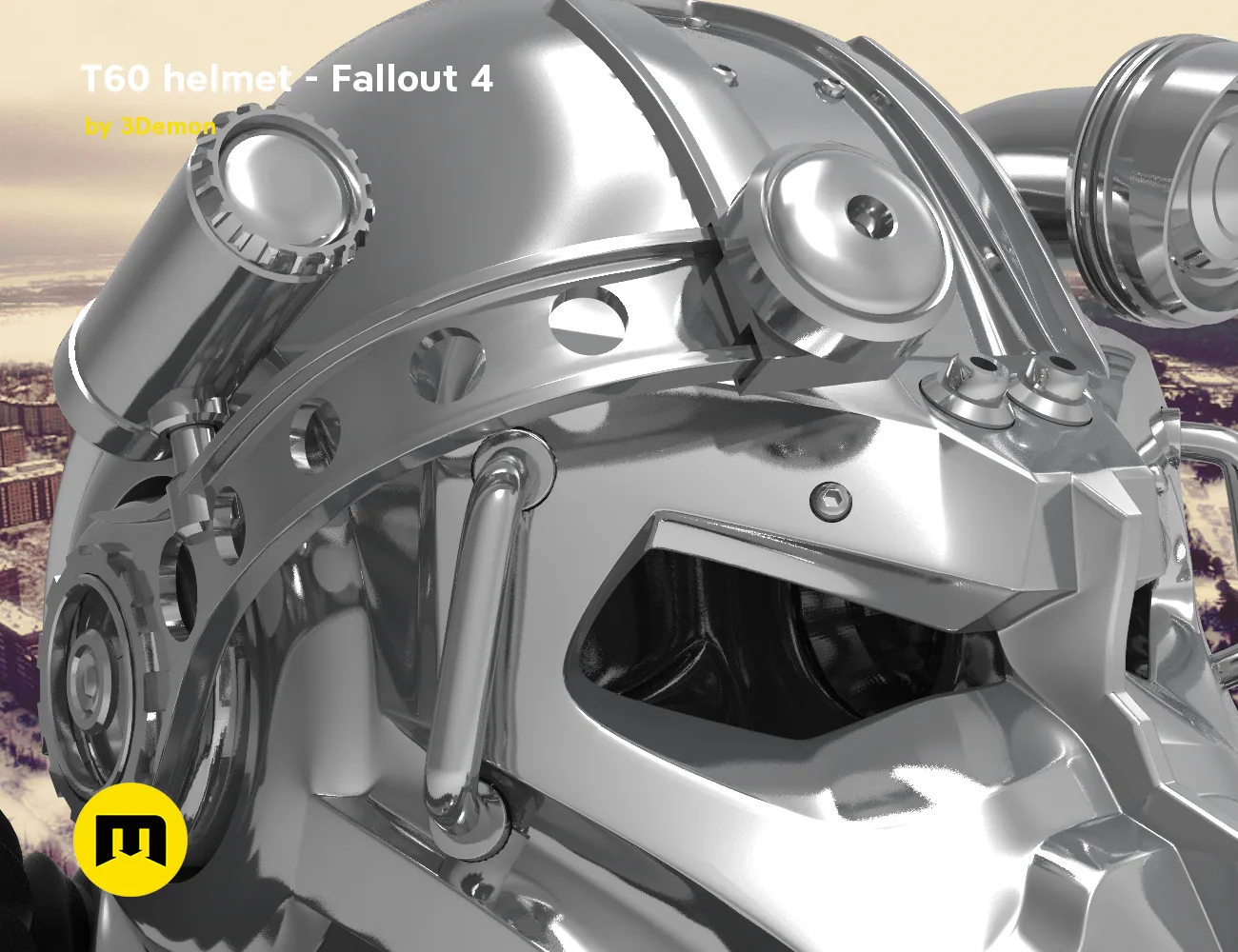 3D visualization of T60 helmet from Fallout 4 STL, detailed metallic side view, 3D print cosplay prop
