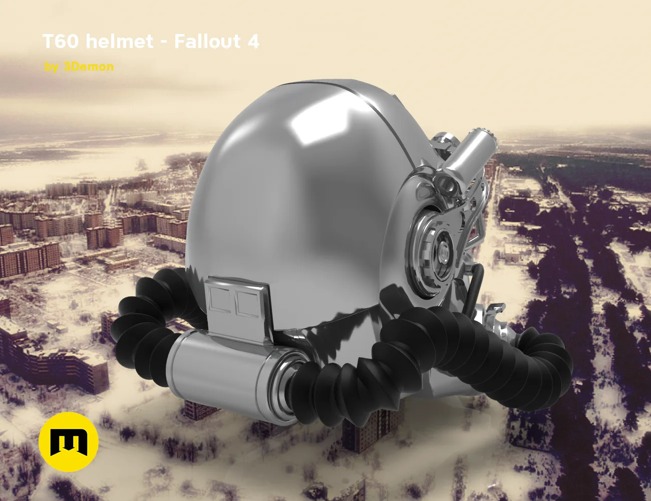 CAD render of T60 helmet from Fallout 4 STL, metallic side view with visor detail, 3D print cosplay prop.