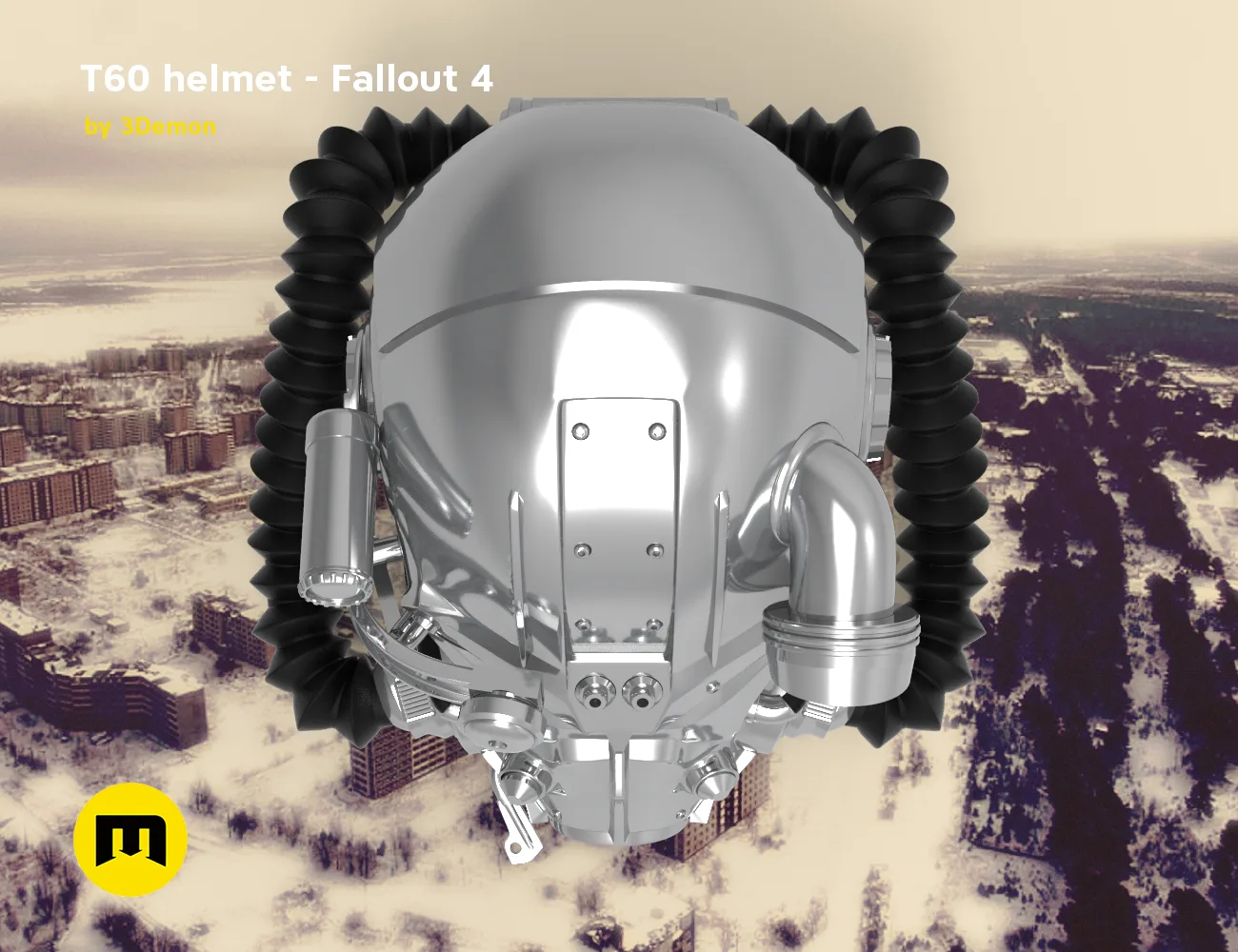 CGI render of T60 helmet from Fallout 4 STL, front metallic 3D print cosplay prop