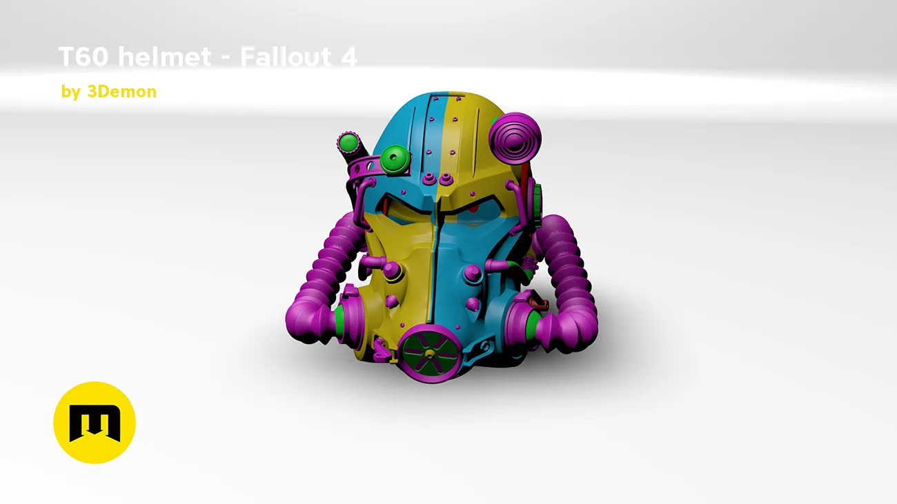 CGI render of T60 helmet from Fallout 4 STL, purple and teal 3D printed cosplay prop, front view