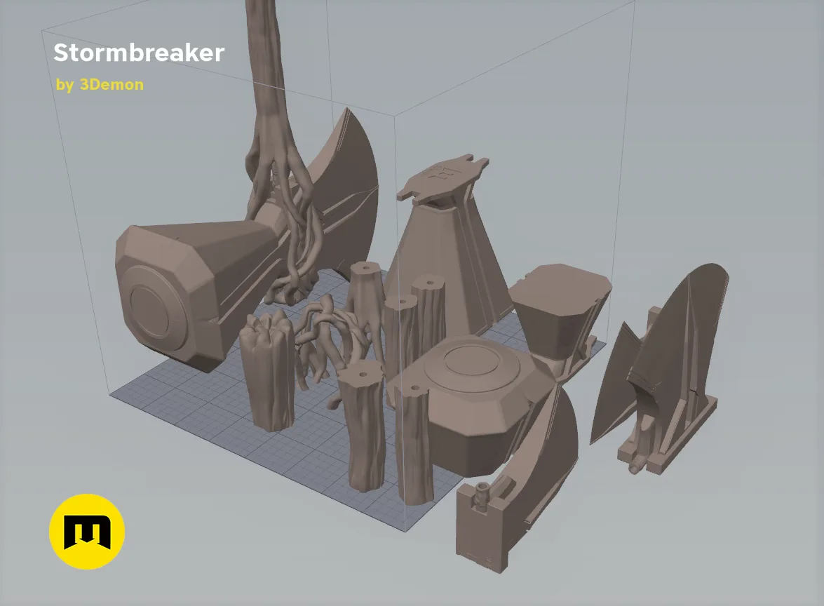 Color-coded parts breakdown of Stormbreaker - Thor Axe, exploded 3D print cosplay weapon