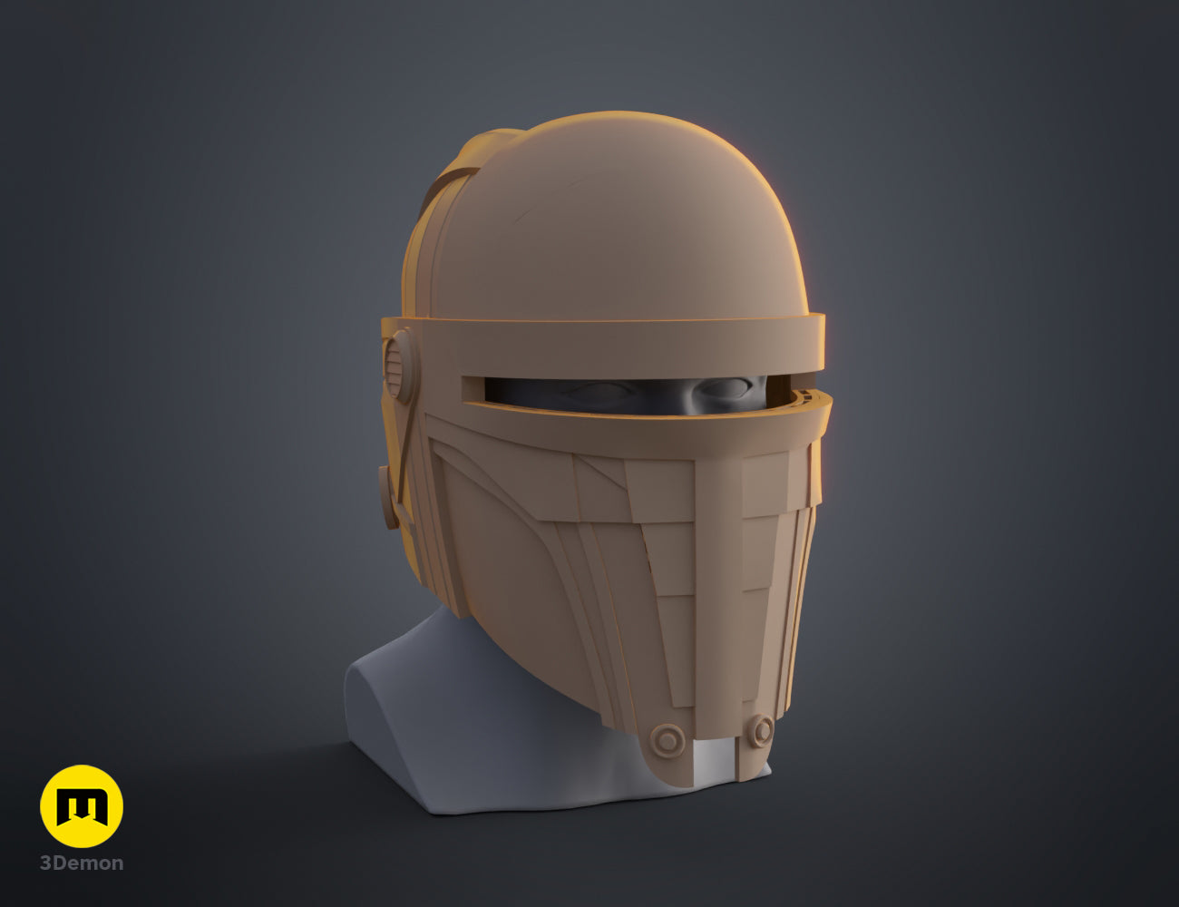 3D print preview of Darth Revan Helmet STL, tan textured 3D render cosplay prop, side view