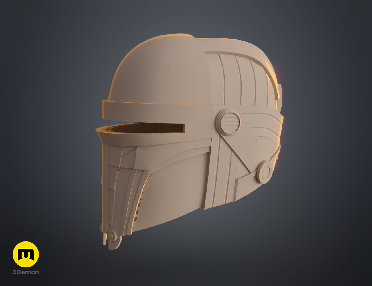 Digital 3D render of Darth Revan Helmet STL, side view 3D print cosplay prop.