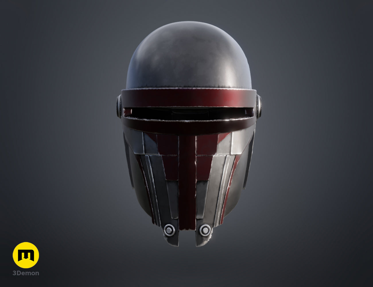 3D visualization of Darth Revan Helmet STL, front view silver-gray cosplay prop with red visor accents.