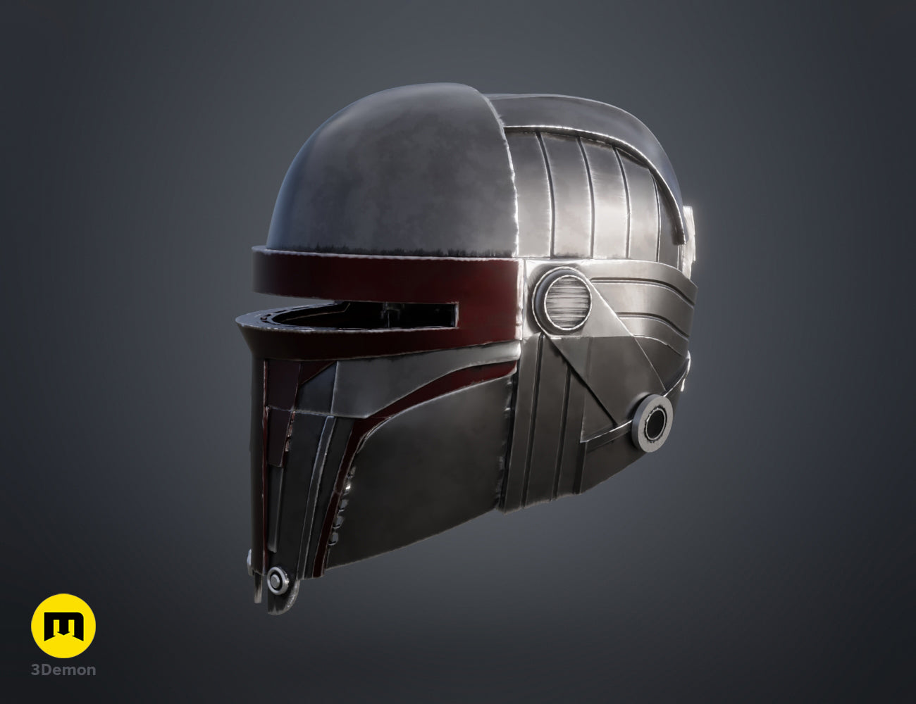 3D model render of Darth Revan Helmet STL, silver-gray 3D print cosplay prop, side view.