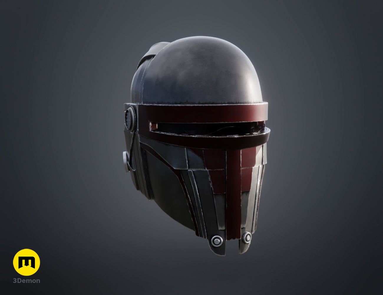 Darth Revan Helmet STL, dark grey and red-painted 3D print cosplay prop, rear view