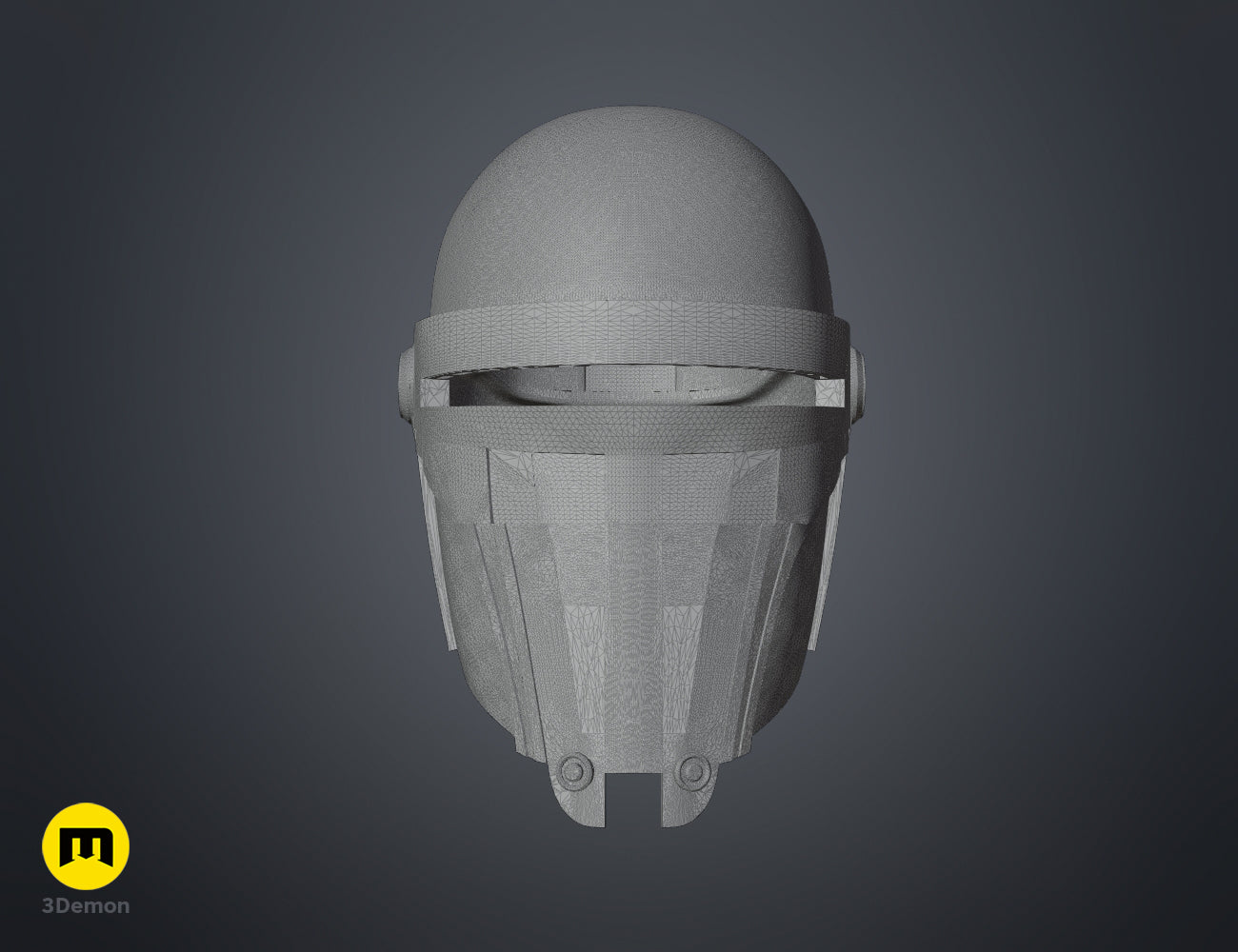 Darth Revan Helmet STL, grey wireframe mesh render with vented visor, 3D print cosplay prop
