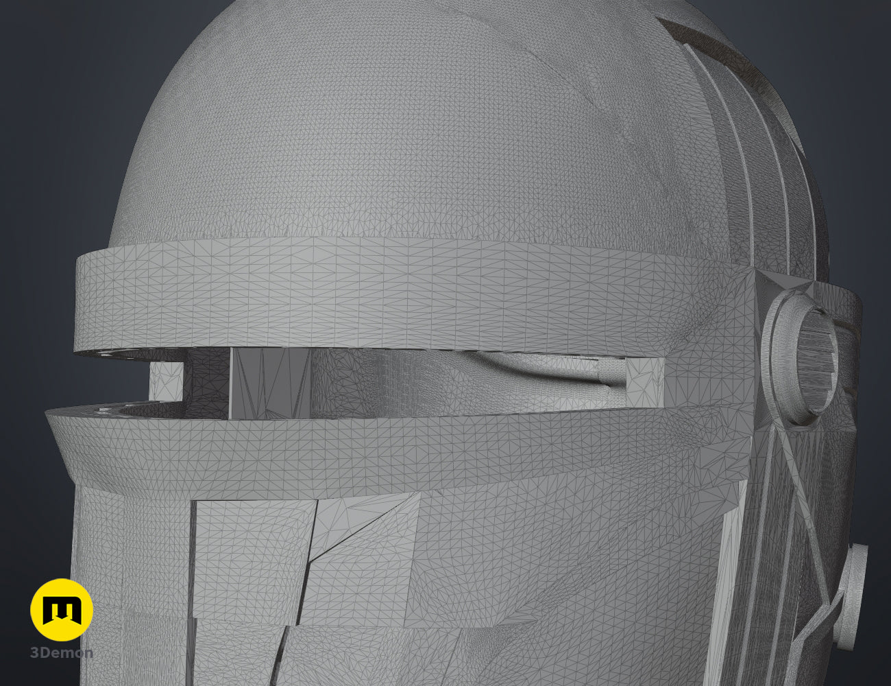 Wireframe mesh render of Darth Revan Helmet STL, side polygon mesh with visor detail, 3D print cosplay prop