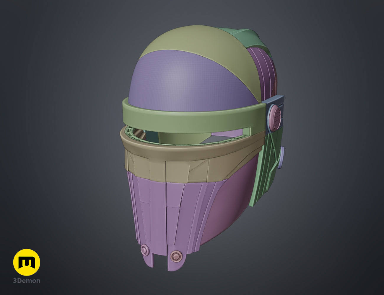 Textured 3D render of Darth Revan Helmet, purple and green 3D print cosplay prop, side view.