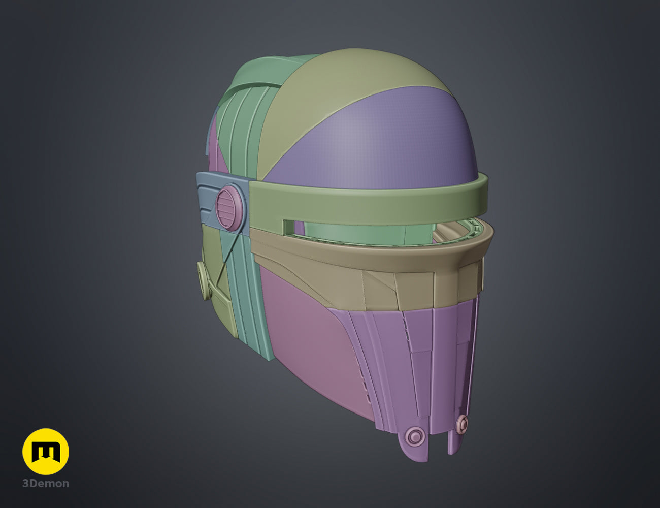 Darth Revan Helmet STL, purple and mint 3D render cosplay prop, side view