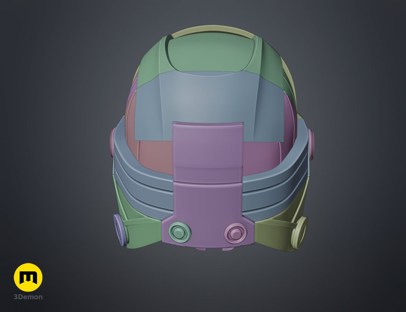 Color-coded parts breakdown of Darth Revan Helmet STL, exploded view 3D print cosplay prop