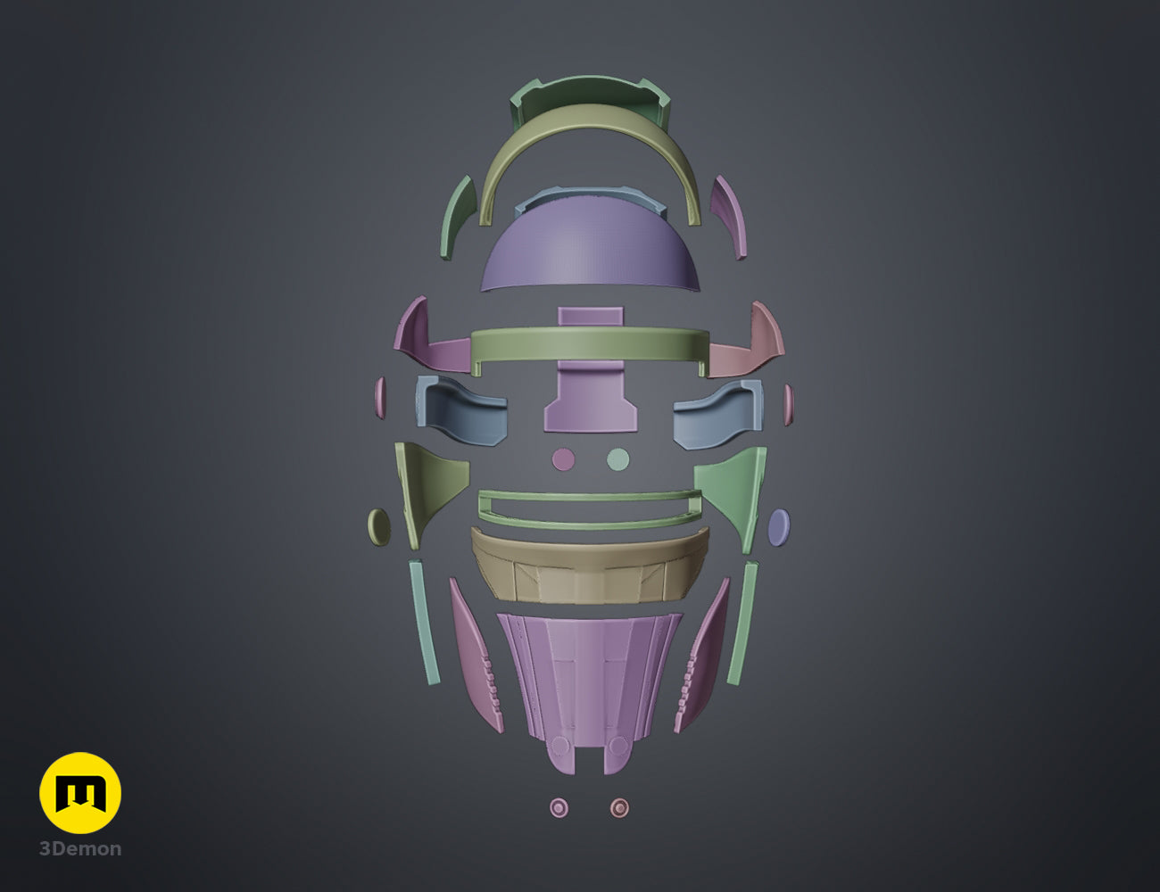 Exploded view of Darth Revan Helmet STL, multi-part cosplay prop assembly guide