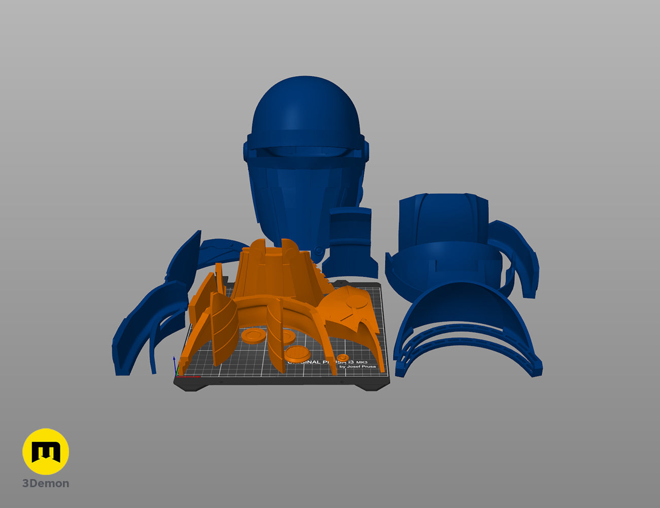 Exploded view of Darth Revan Helmet STL, blue armor parts breakdown, 3D print cosplay prop