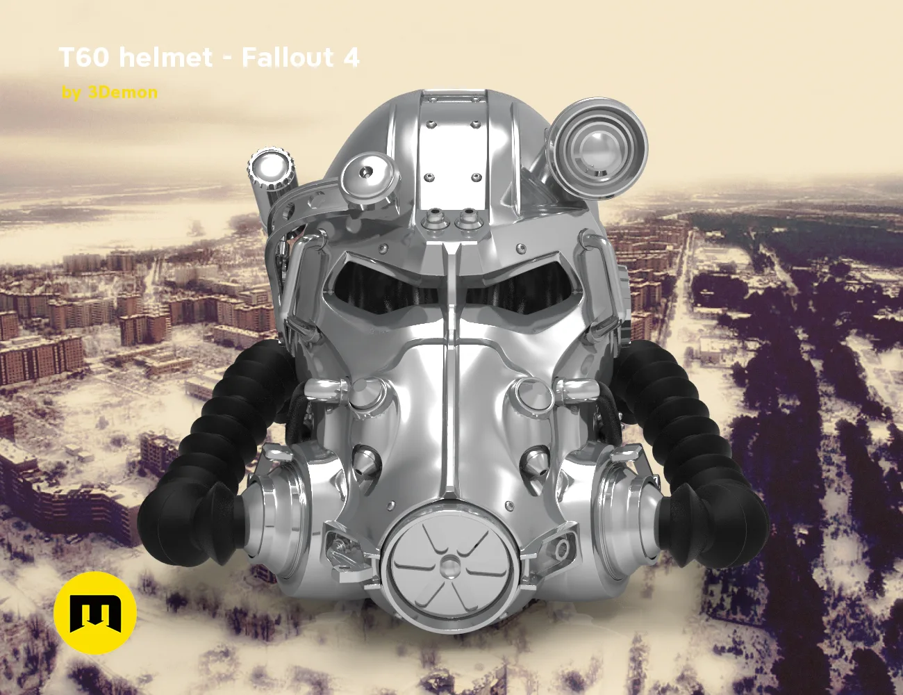 Digital 3D render of T60 helmet from Fallout 4, metallic front view, 3D print cosplay prop.