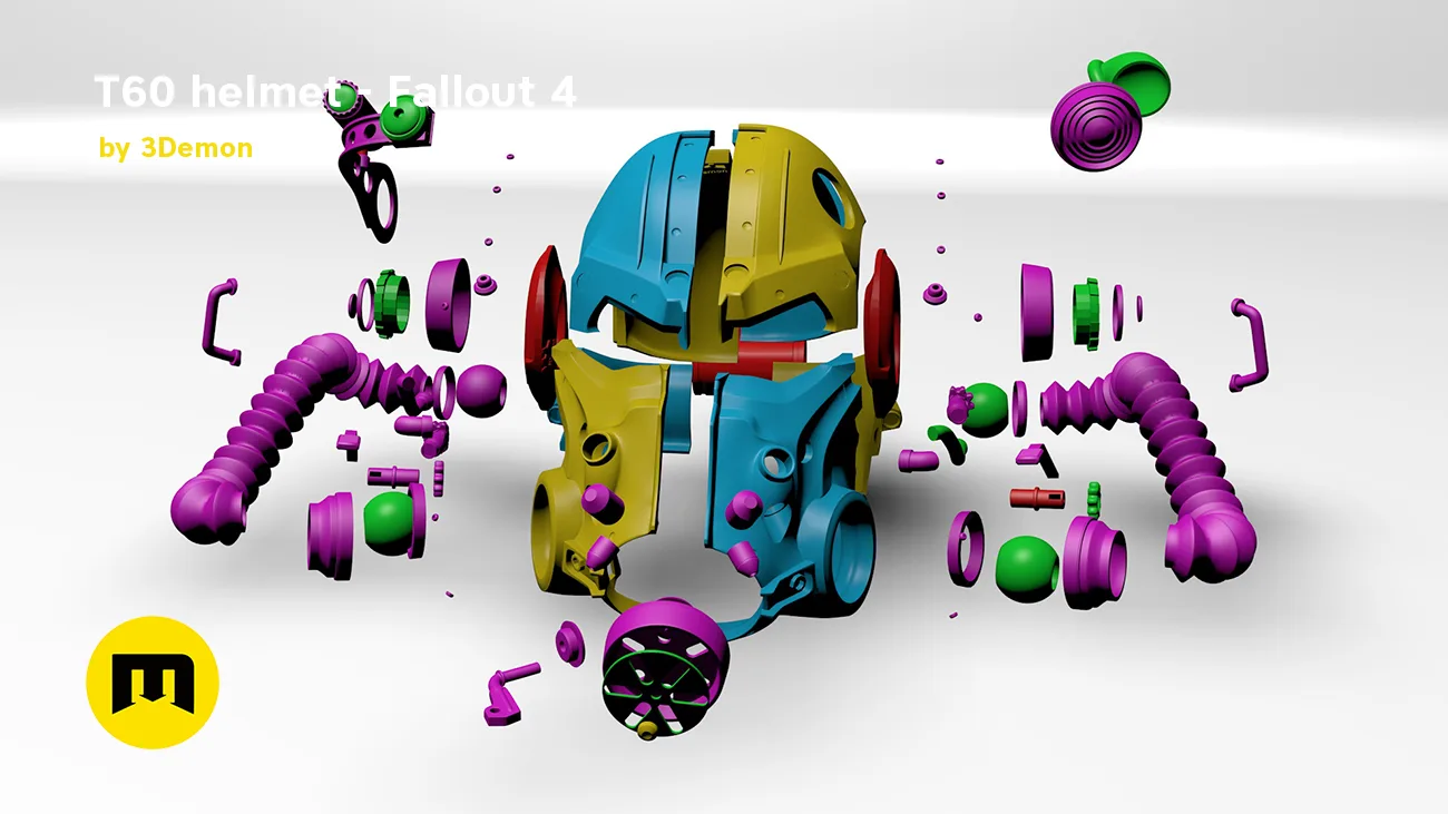 Exploded view of T60 helmet from Fallout 4 STL, colorful 3D printed cosplay prop parts breakdown