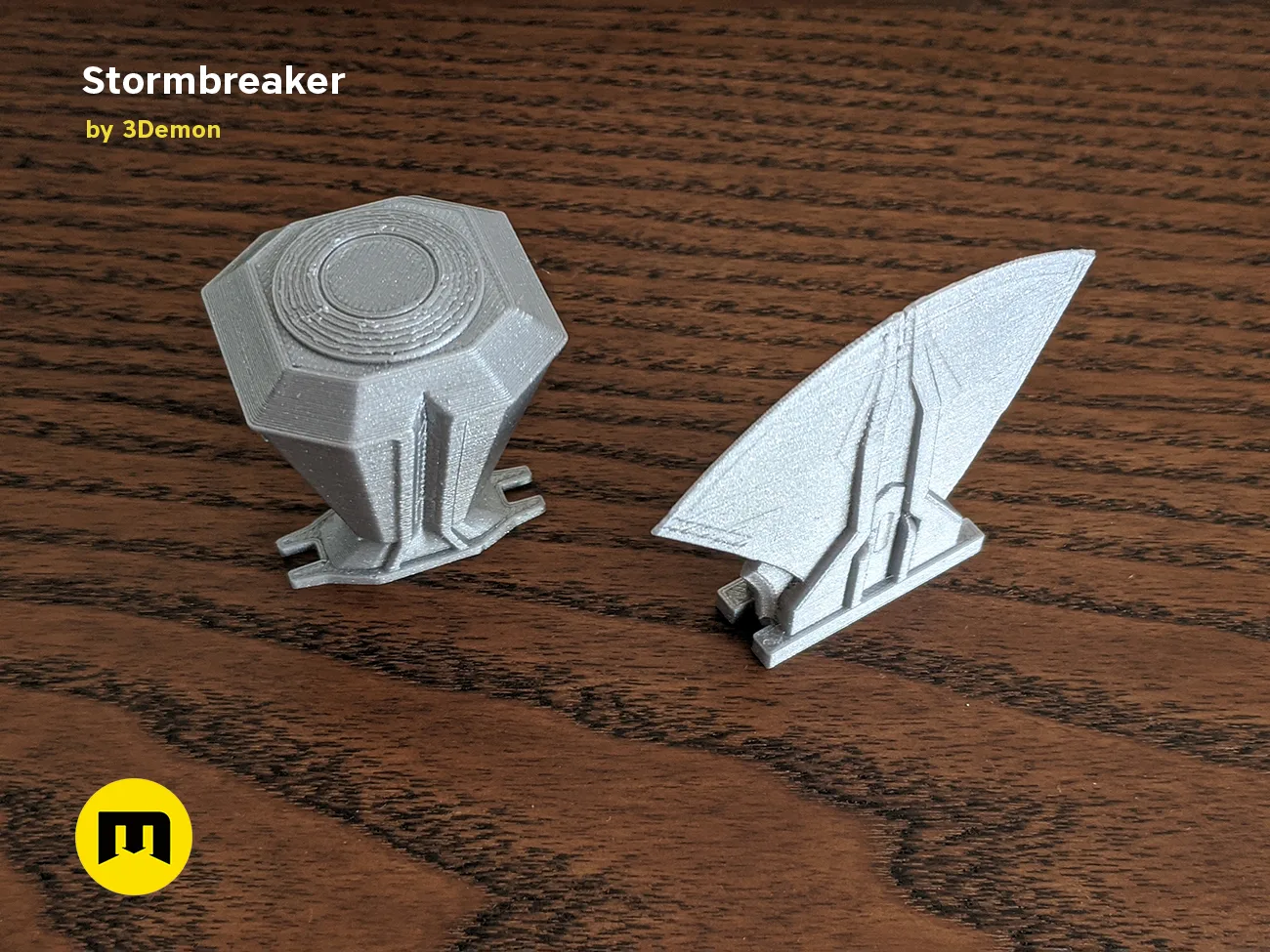 Printable 3D model of Stormbreaker - Thor Axe, grey 3D printed cosplay weapon, dual-angle view