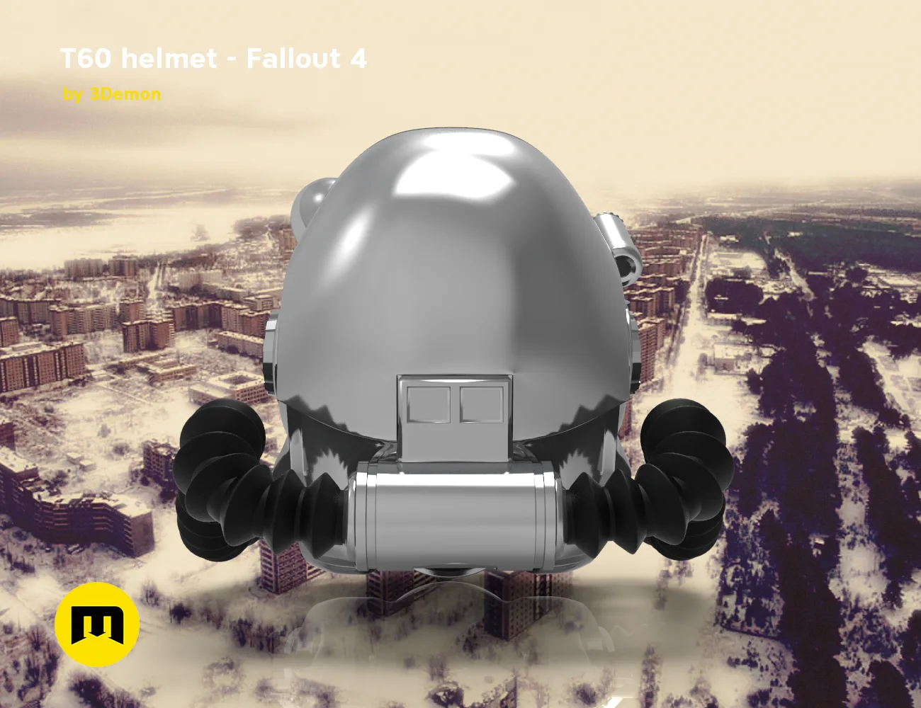 Printable 3D model of T60 helmet from Fallout 4, rear view with exhaust ports, 3D print cosplay prop.