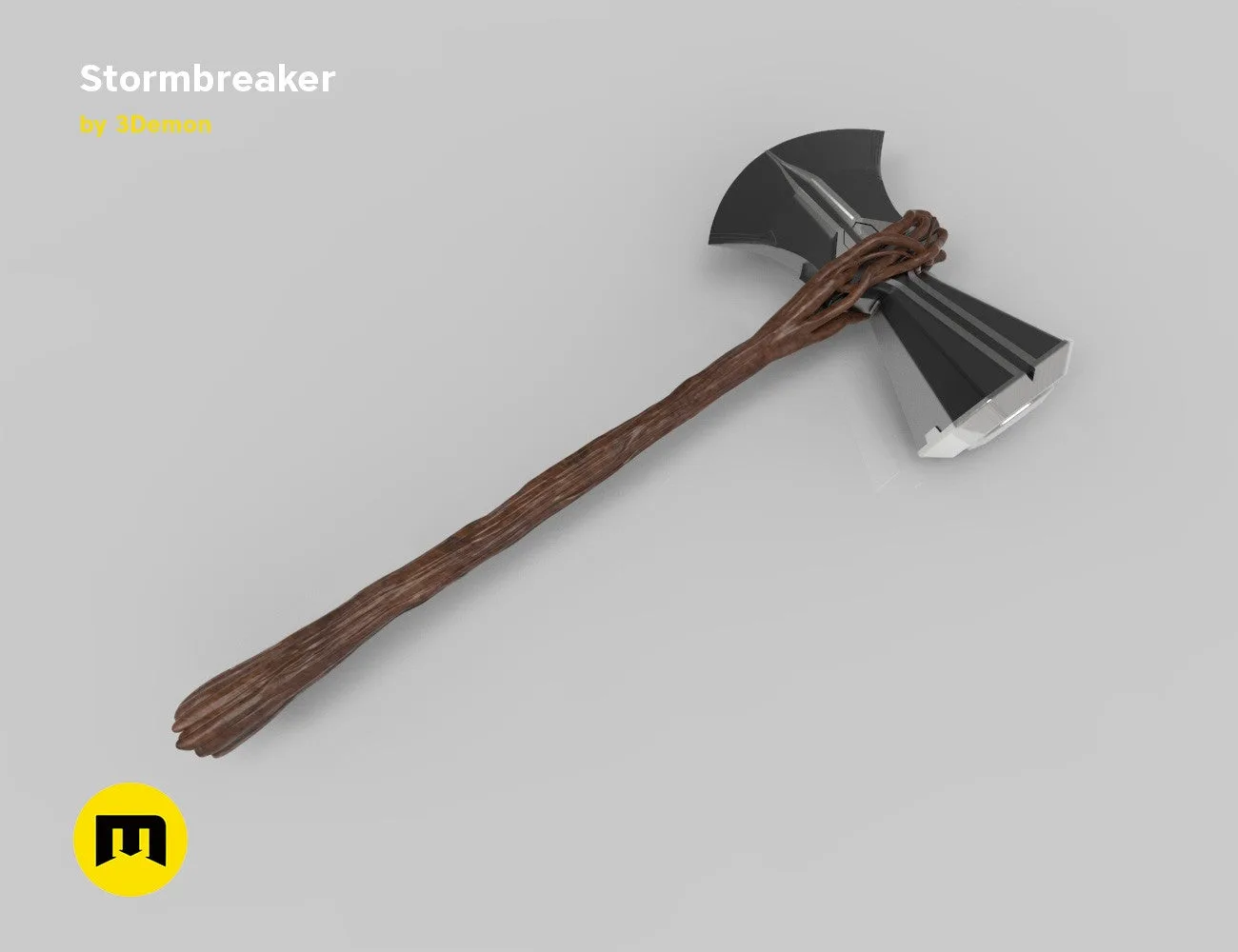3D print preview of Stormbreaker - Thor Axe, textured 3D render cosplay prop, braided handle.