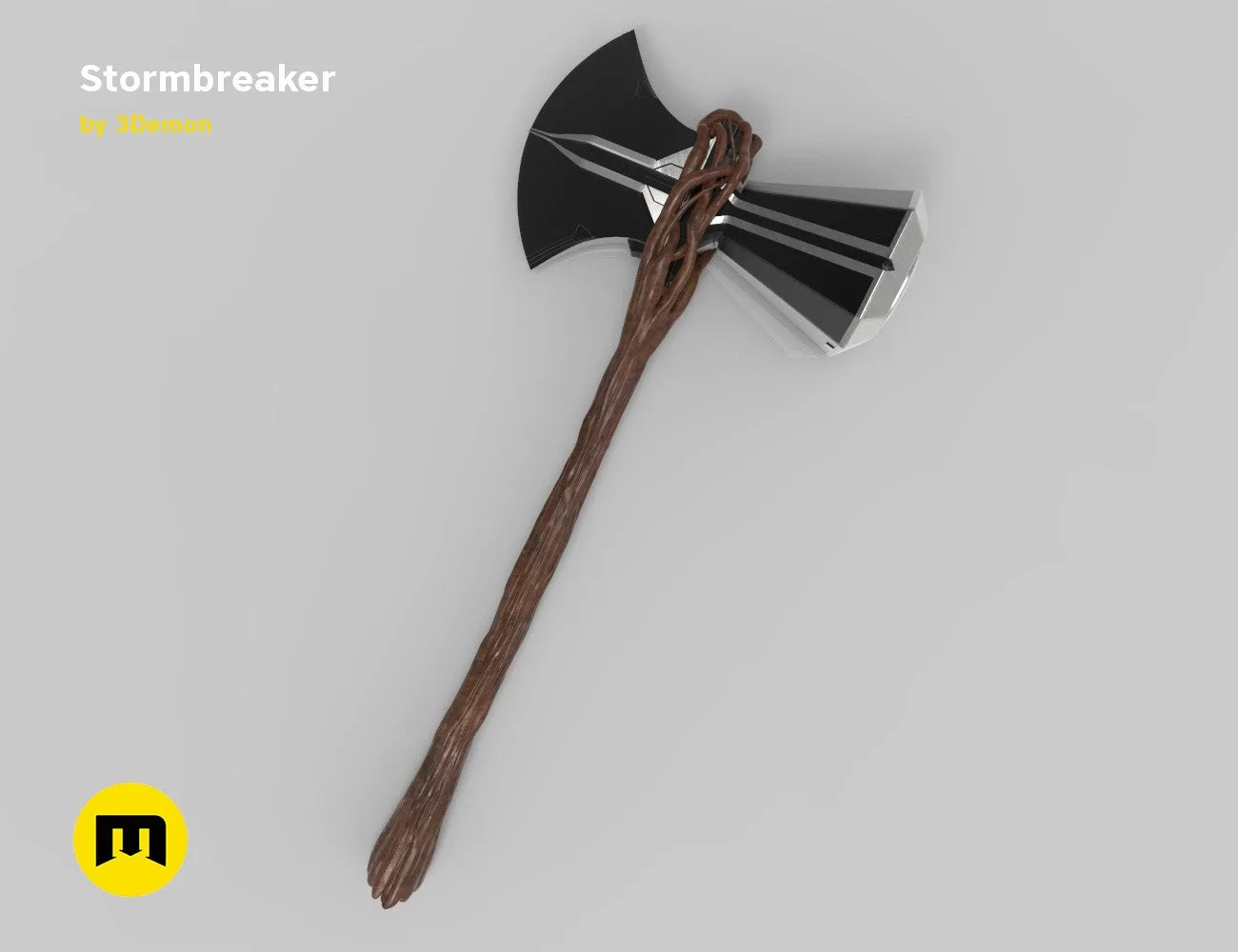 CAD render of Stormbreaker - Thor Axe STL, black blade with braided rope handle, 3D print cosplay prop.