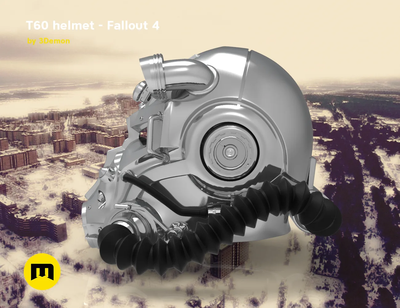 Rendered 3D model of T60 helmet from Fallout 4, metallic side view cosplay prop STL