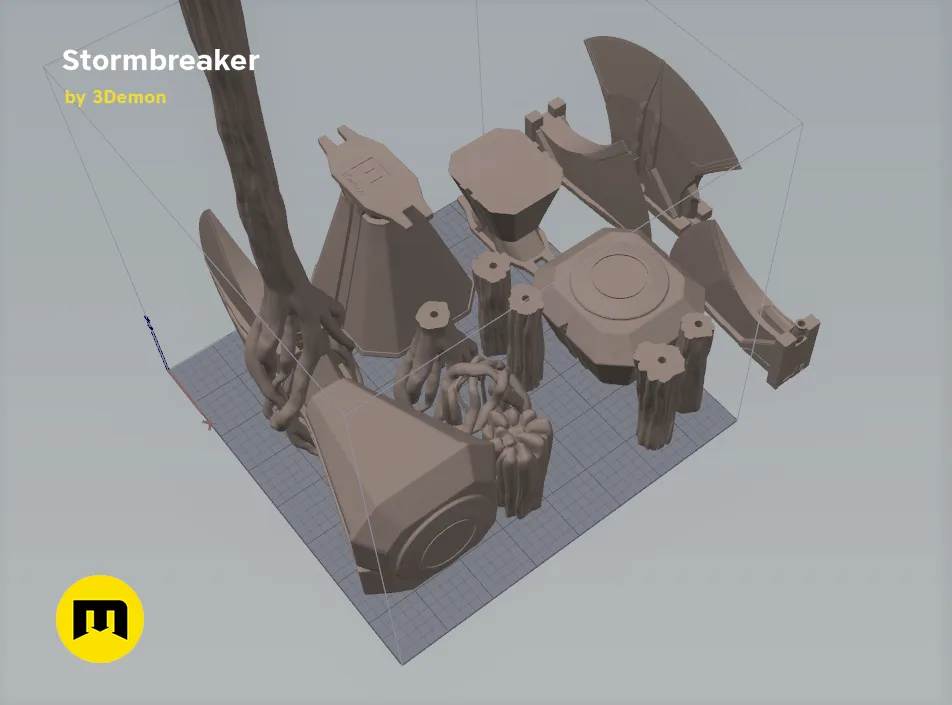 Slicer screenshot of Stormbreaker - Thor Axe STL, exploded view on grid bed, 3D print cosplay weapon