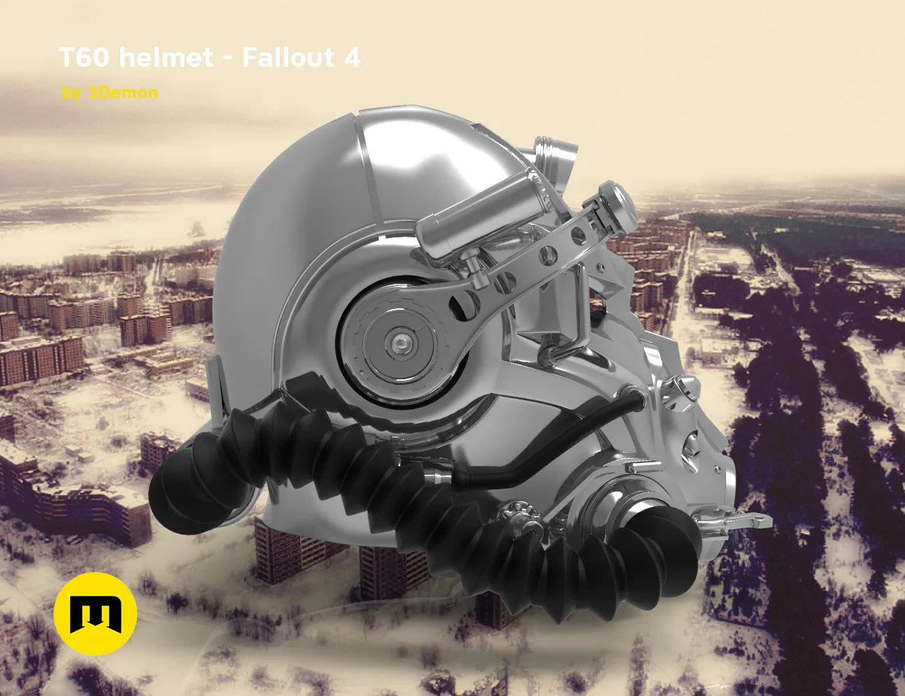 STL preview of T60 helmet from Fallout 4, metallic 3D print cosplay prop, front view.