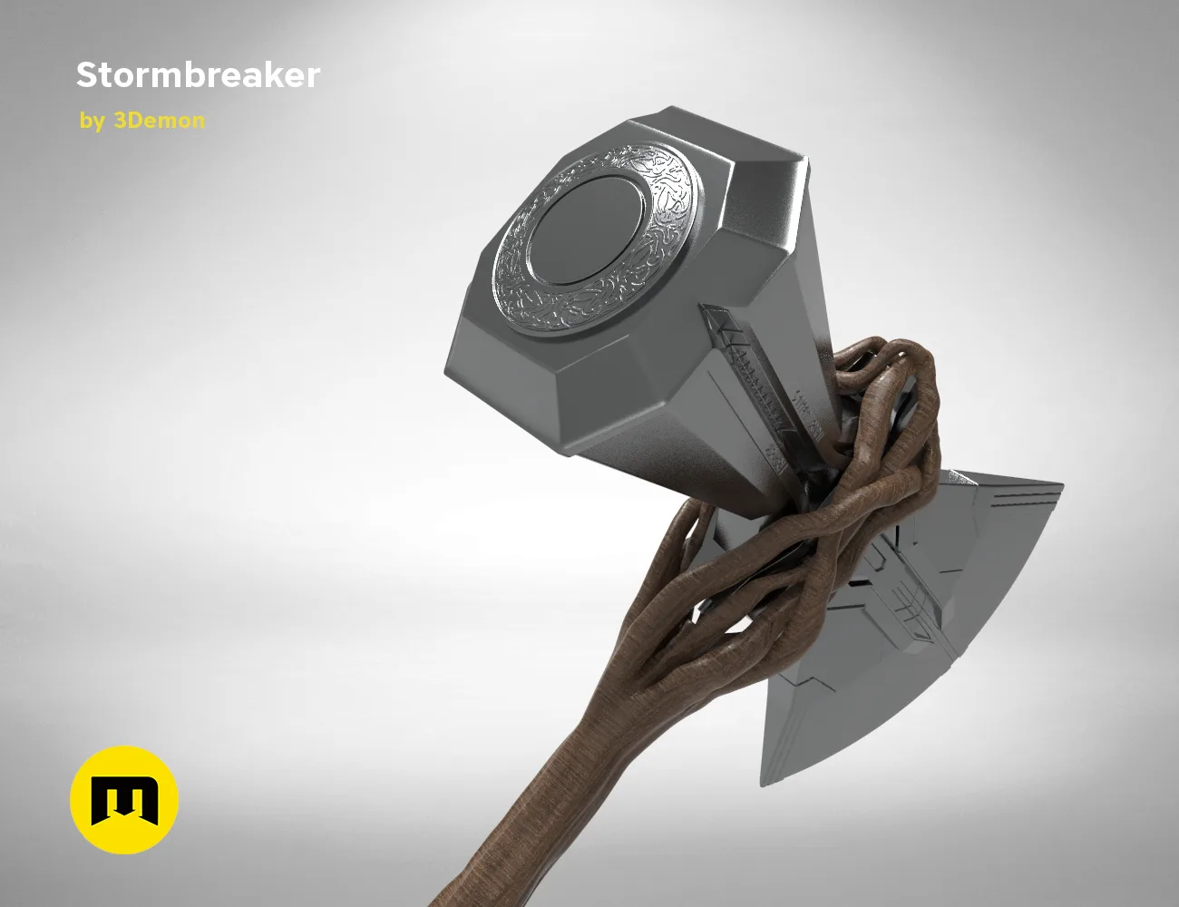 3D model render of Stormbreaker - Thor Axe STL, metallic head with braided leather handle, 3D print cosplay prop.