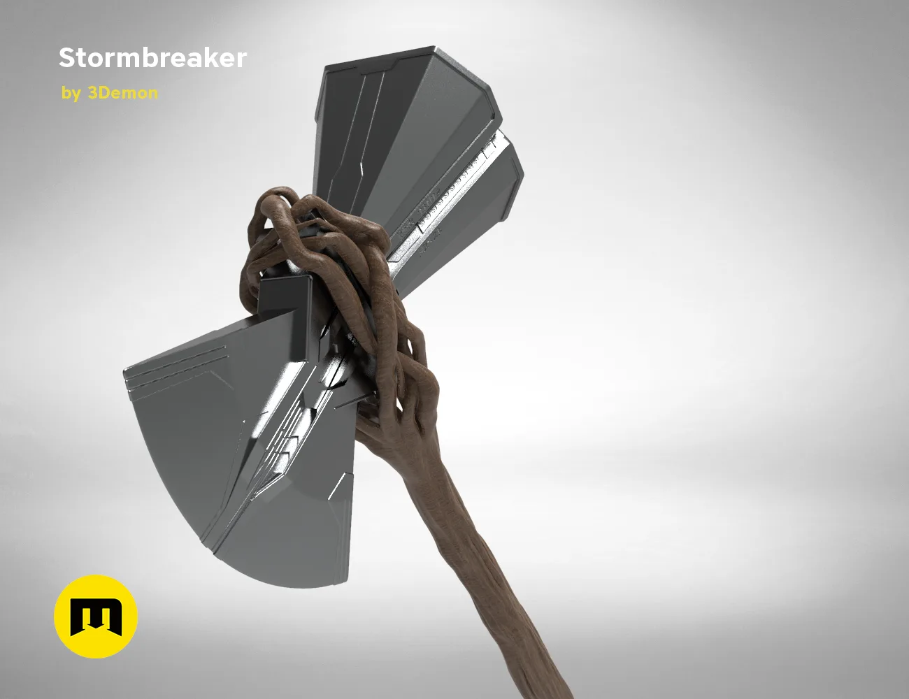 3D print preview of Stormbreaker - Thor Axe, hand holding textured 3D printed weapon cosplay prop