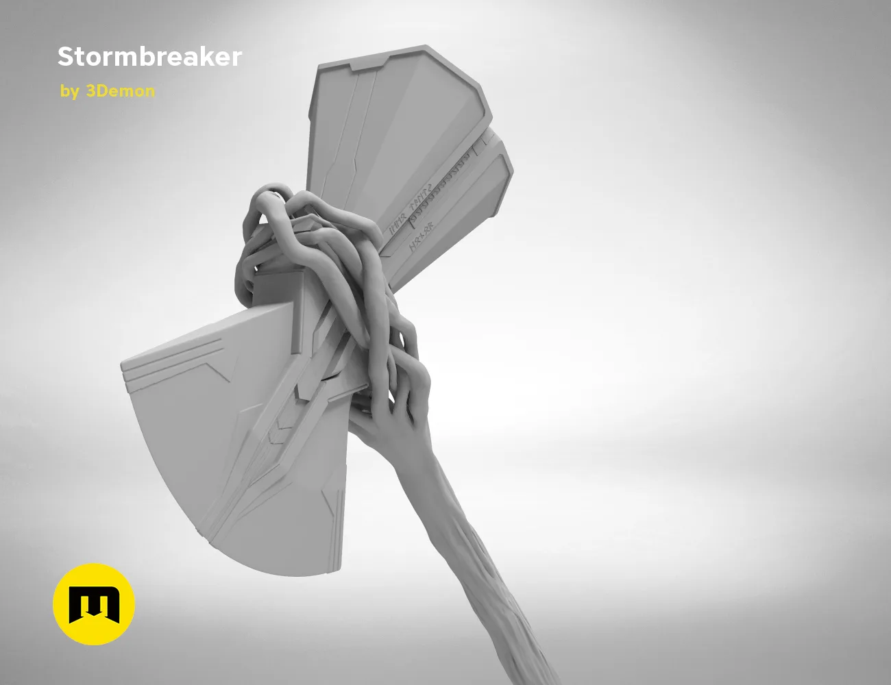 Digital 3D render of Stormbreaker - Thor Axe STL, dynamic overhead grip angle, 3D print cosplay prop.