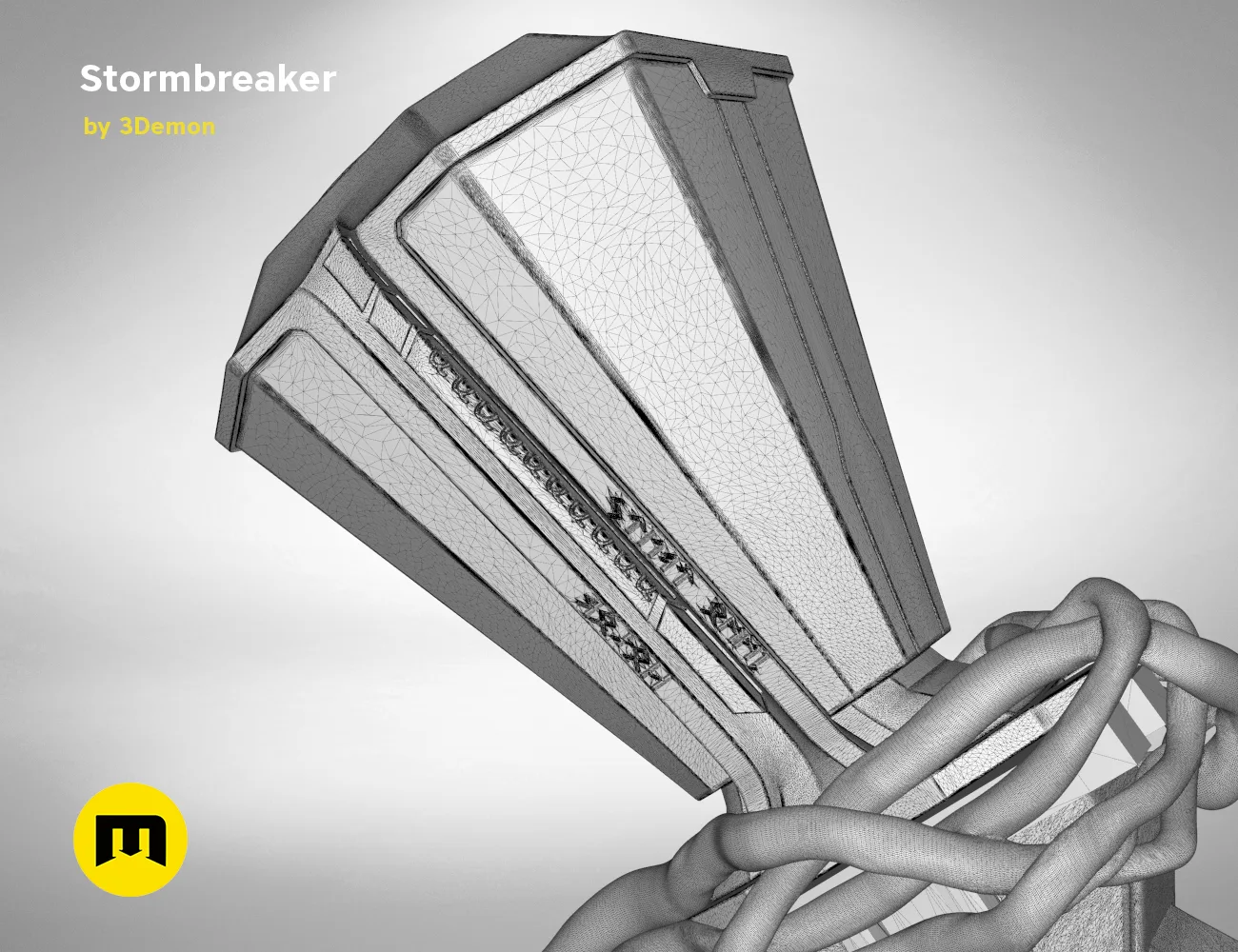 Wireframe mesh render of Stormbreaker - Thor Axe STL, angled mesh topology, 3D print cosplay prop
