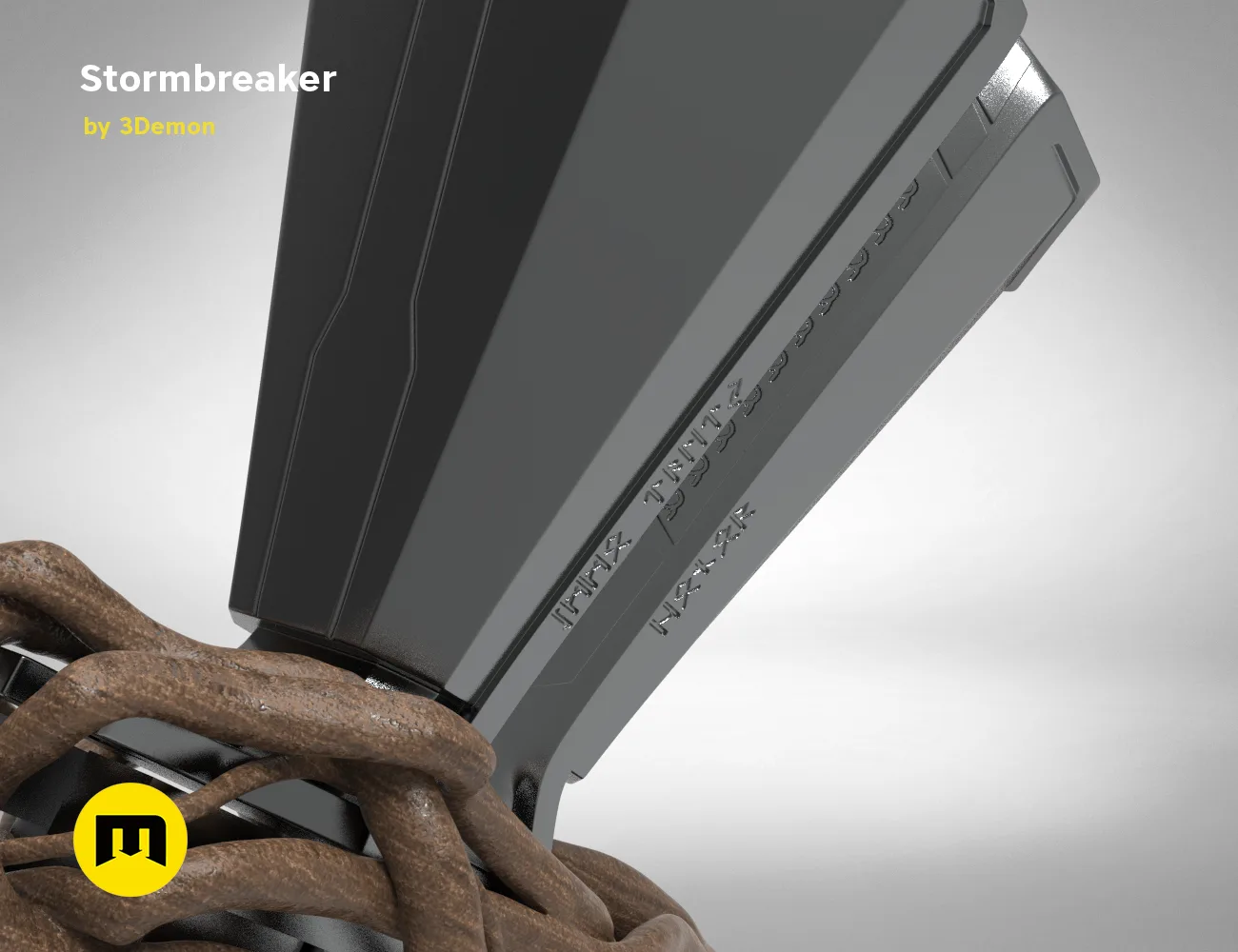 Rendered 3D model of Stormbreaker - Thor Axe STL, metallic textured cosplay prop held by hand.
