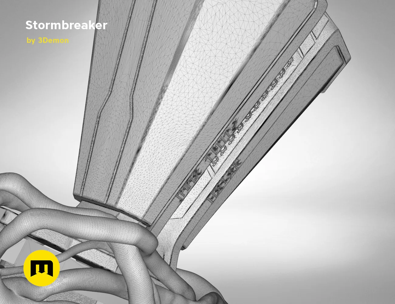 Wireframe mesh render of Stormbreaker - Thor Axe STL, side polygon structure, 3D print cosplay prop
