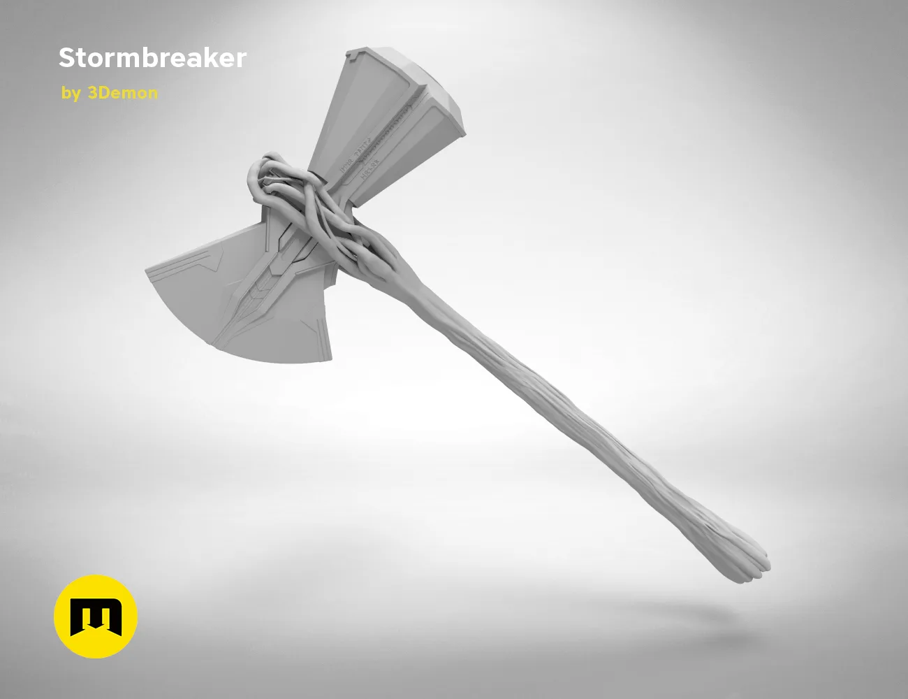 3D model render of Stormbreaker - Thor Axe STL, dynamic angled 3D print cosplay prop