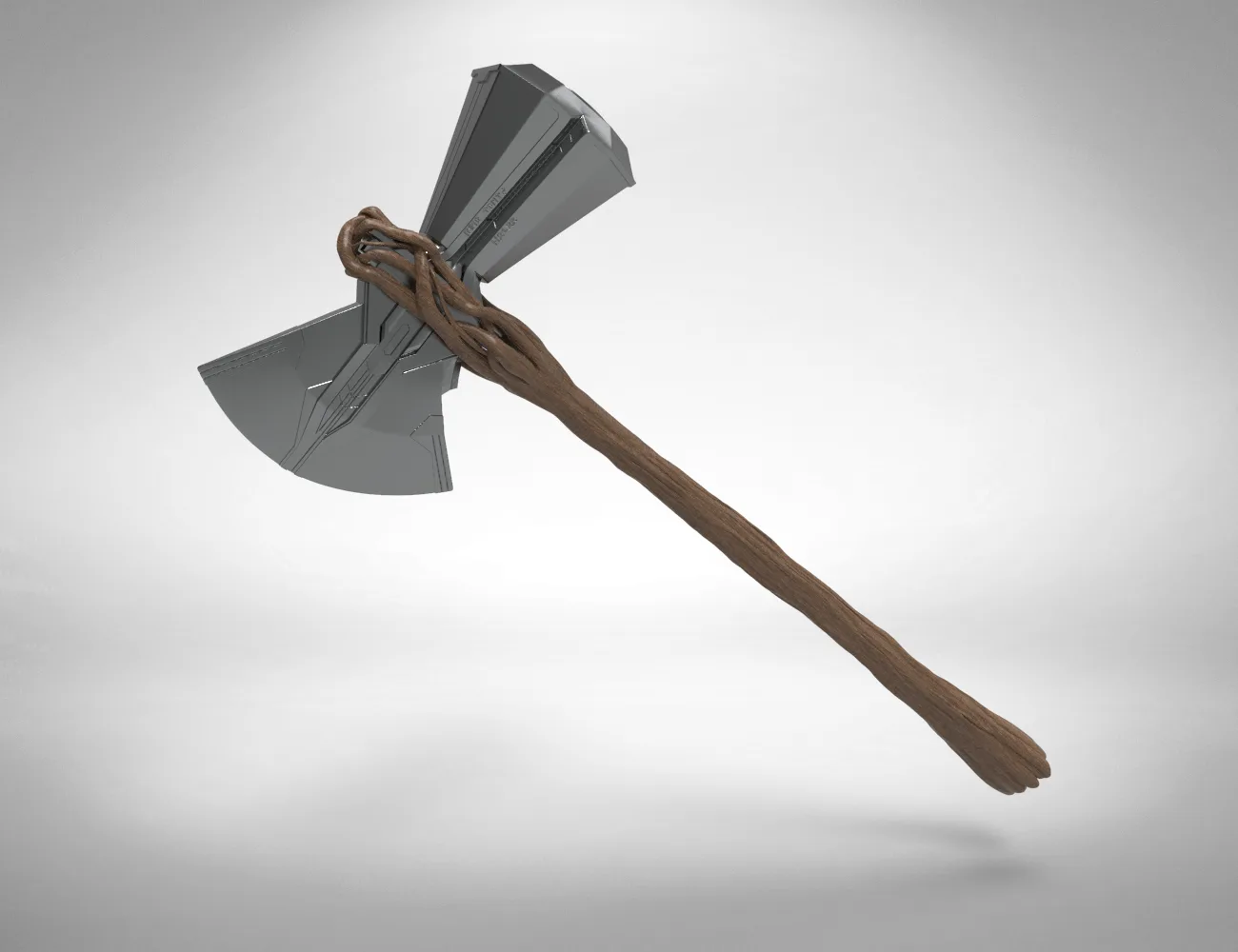 Digital 3D render of Stormbreaker - Thor Axe, metallic blade with wooden handle, 3D print cosplay prop.