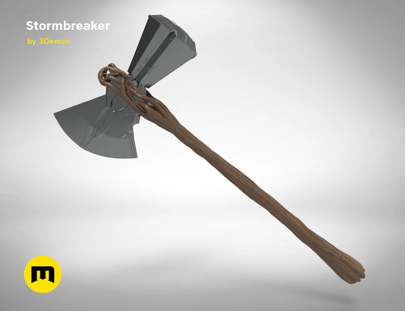 3D visualization of Stormbreaker - Thor Axe, textured 3D print cosplay weapon, angled view