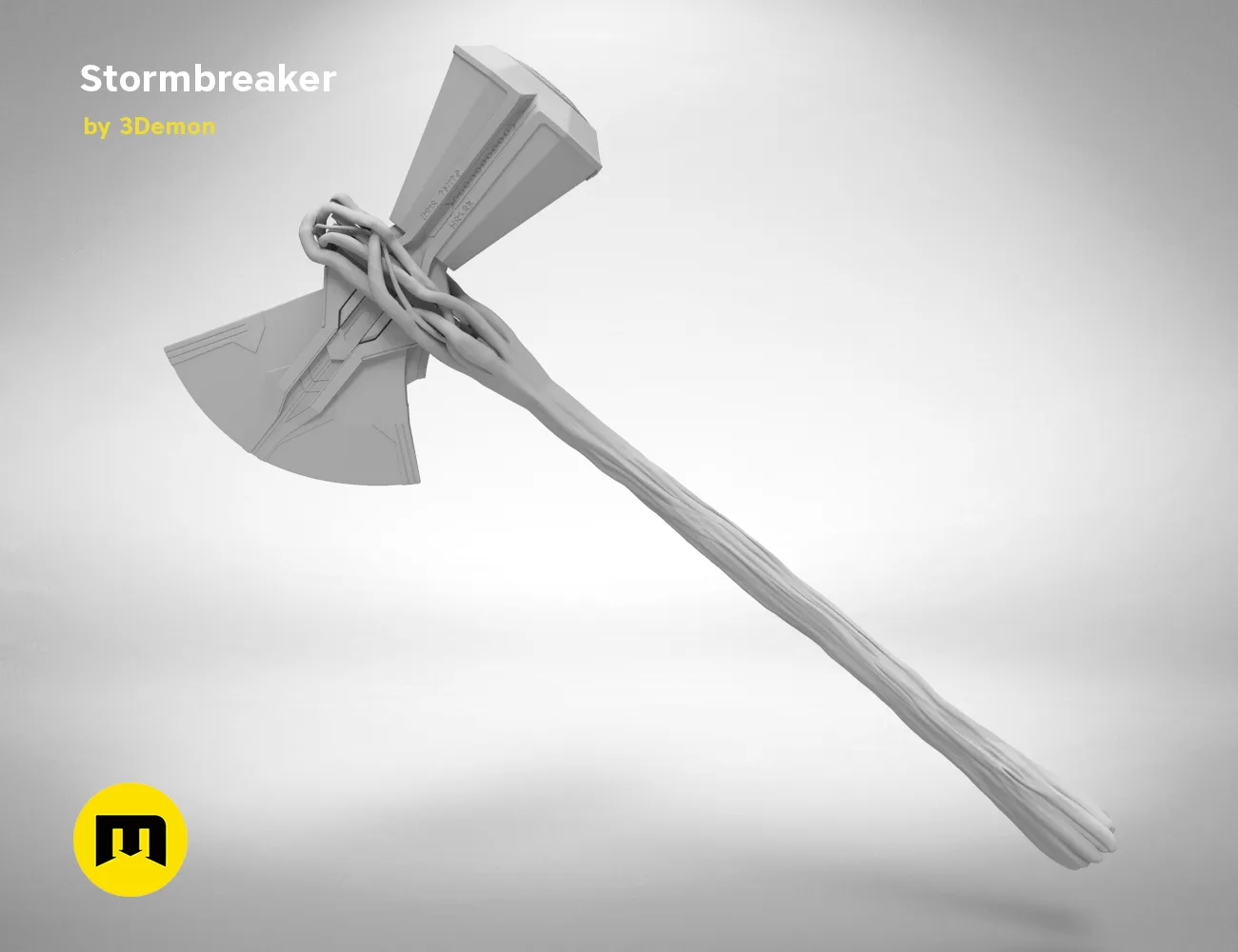 Digital 3D render of Stormbreaker - Thor Axe STL, grey matte axe head and braided handle, 3D print cosplay prop.