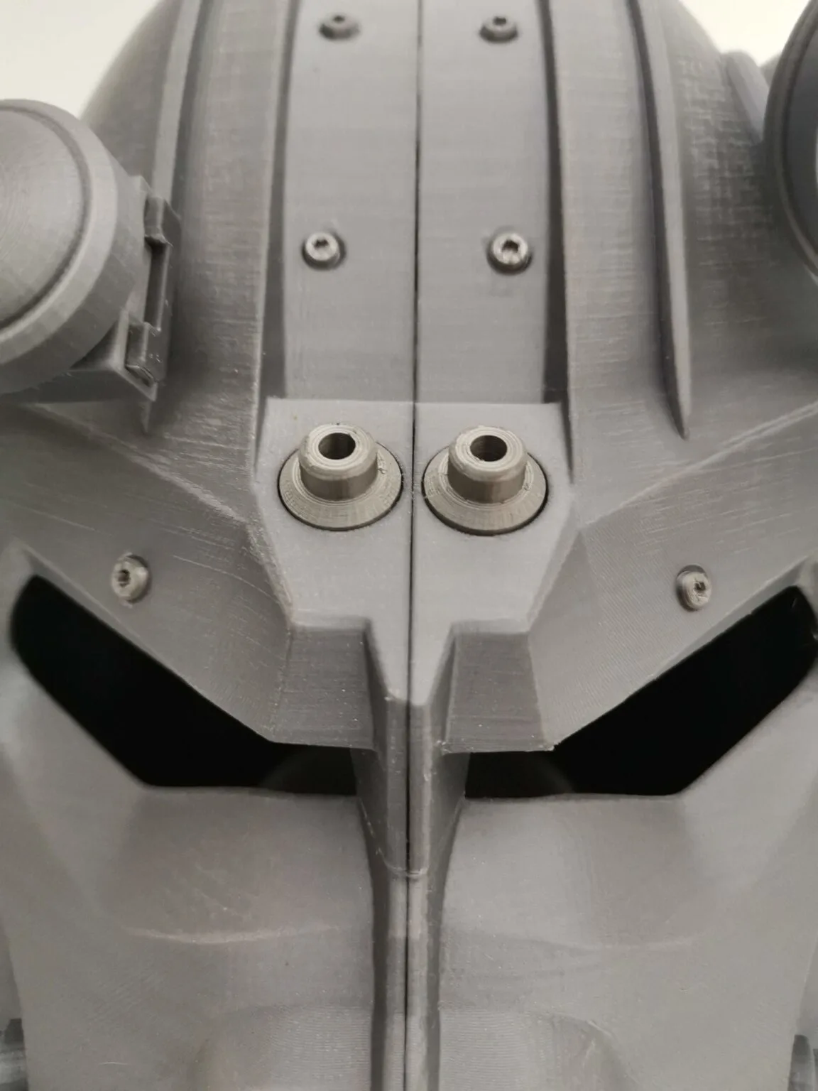 T60 helmet from Fallout 4 STL, close-up of bolted hinge detail, 3D print cosplay prop