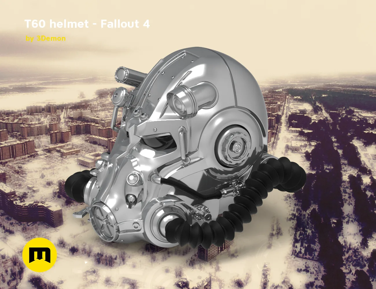 T60 helmet from Fallout 4 STL, metallic 3D render cosplay prop, front view